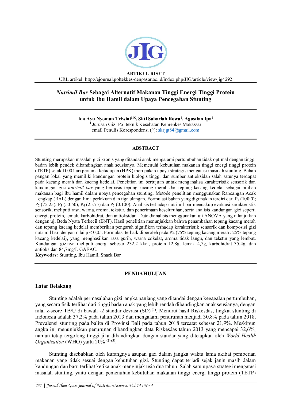 JURIS Nutrimil Bar Sebagai Alternatif Makanan Tinggi Energi Tinggi Protein Untuk Ibu Hamil Dalam Upaya Pencegahan Stunting