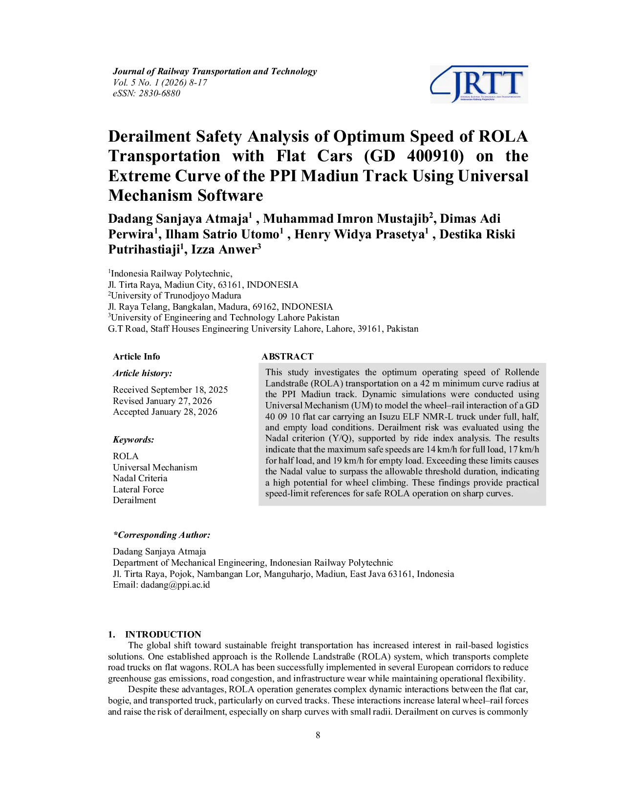 JURIS Derailment Safety Analysis Of Optimum Speed Of Rola Transportation With Flat Cars Gd 400910 On The Extreme Curve Of The Ppi Madiun Track Using Universal Mechanism Software