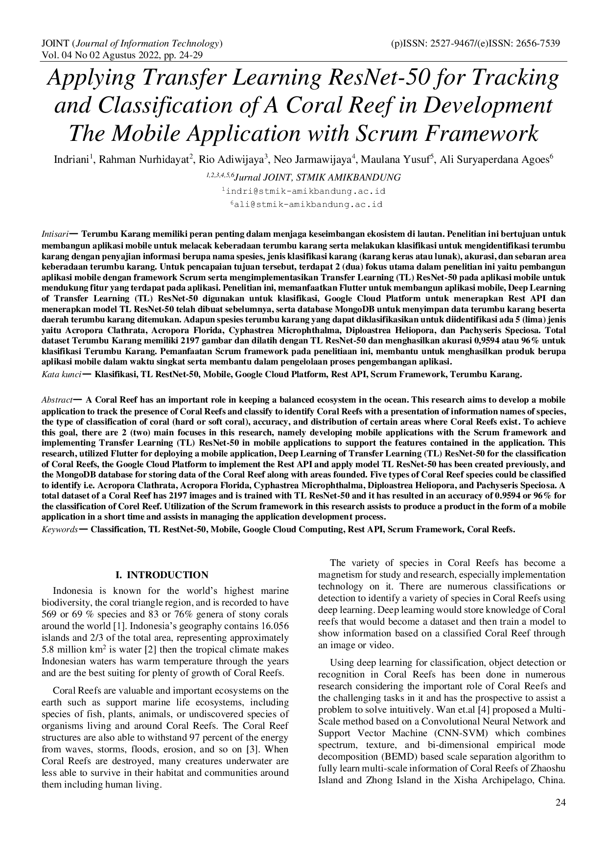 JURIS Applying Transfer Learning ResNet 50 for Tracking and Classification of A Coral Reef in Development The Mobile Application with Scrum Framework