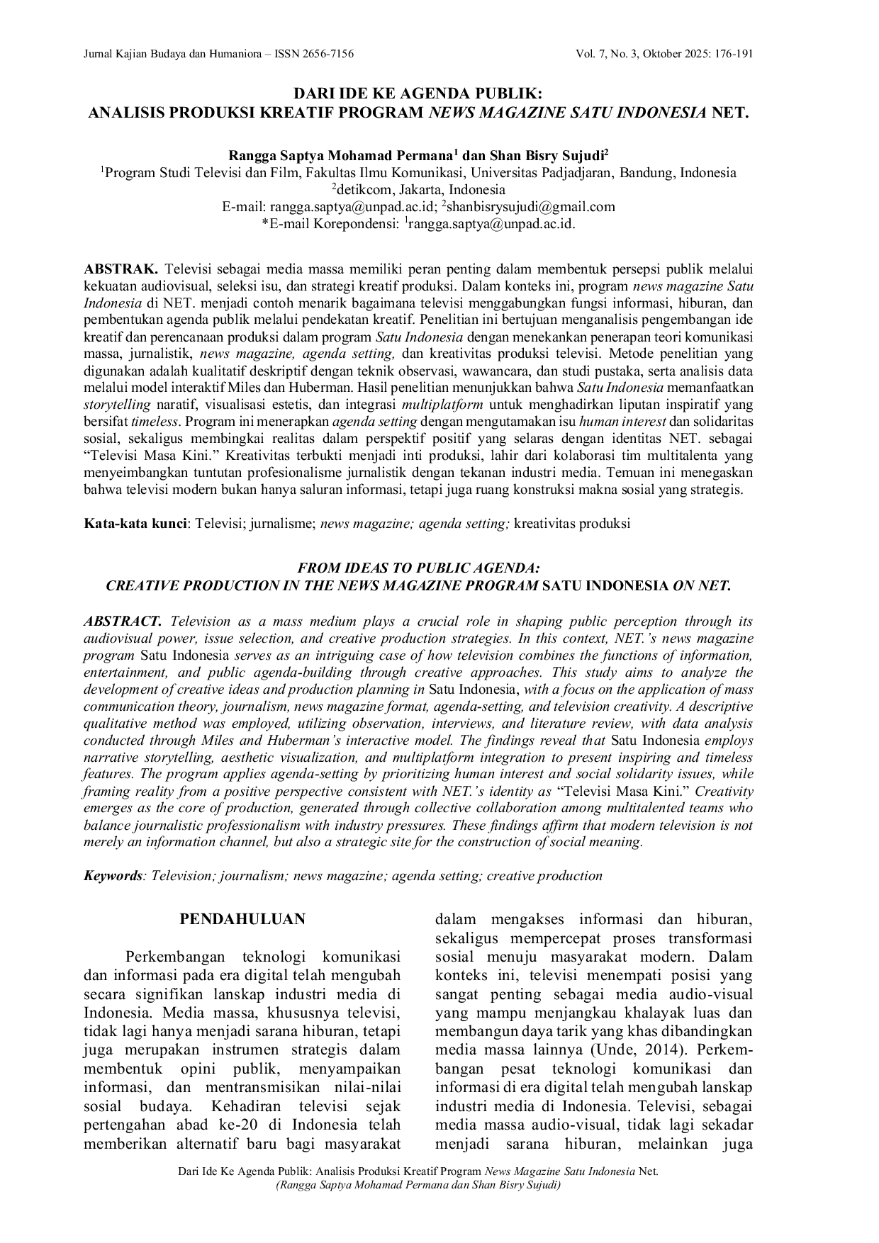 JURIS Dari Ide ke Agenda Publik Analisis Produksi Kreatif Program News Magazine Satu Indonesia Net