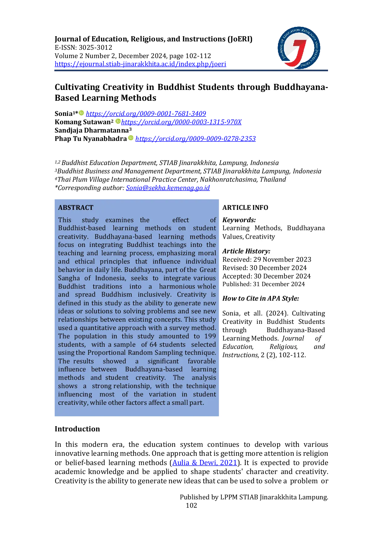 JURIS Cultivating Creativity in Buddhist Students through Buddhayana Based Learning Methods