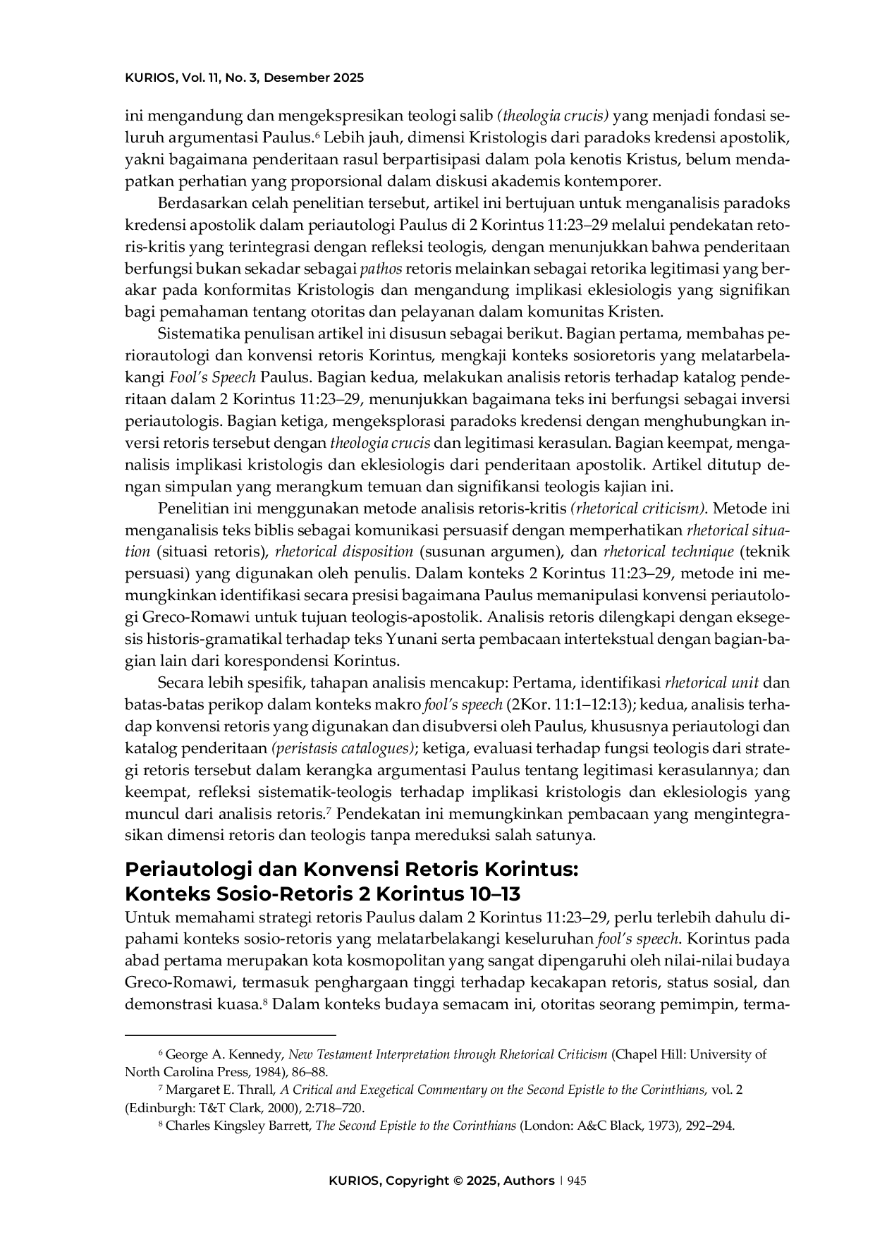 JURIS Paradoks kredensi apostolik Penderitaan sebagai retorika legitimasi dalam periautologi Paulus menurut 2 Korintus 11 23 29