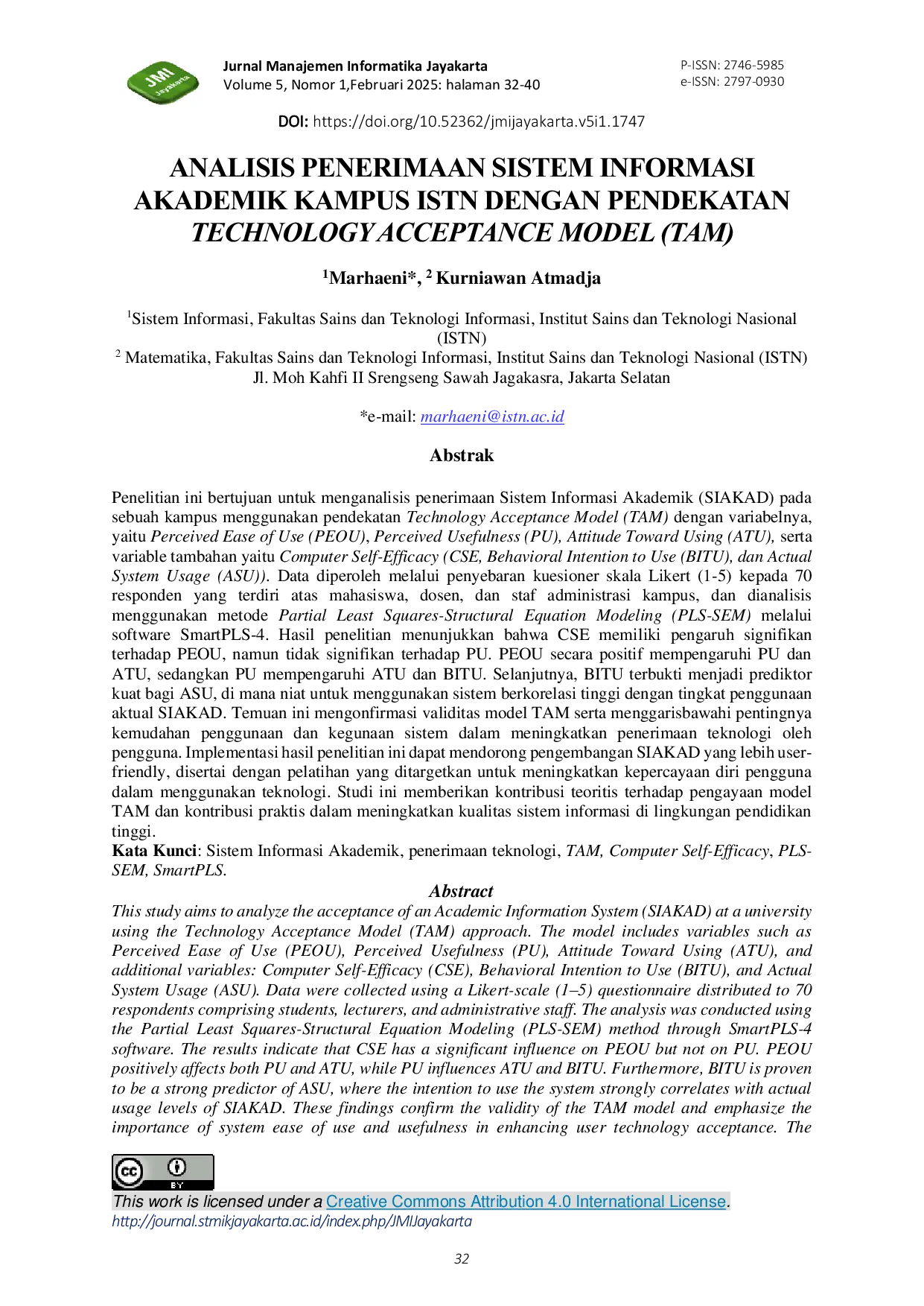 JURIS Analisis Penerimaan Sistem Informasi Akademik Kampus ISTN Dengan Pendekatan Technology Acceptance Model TAM