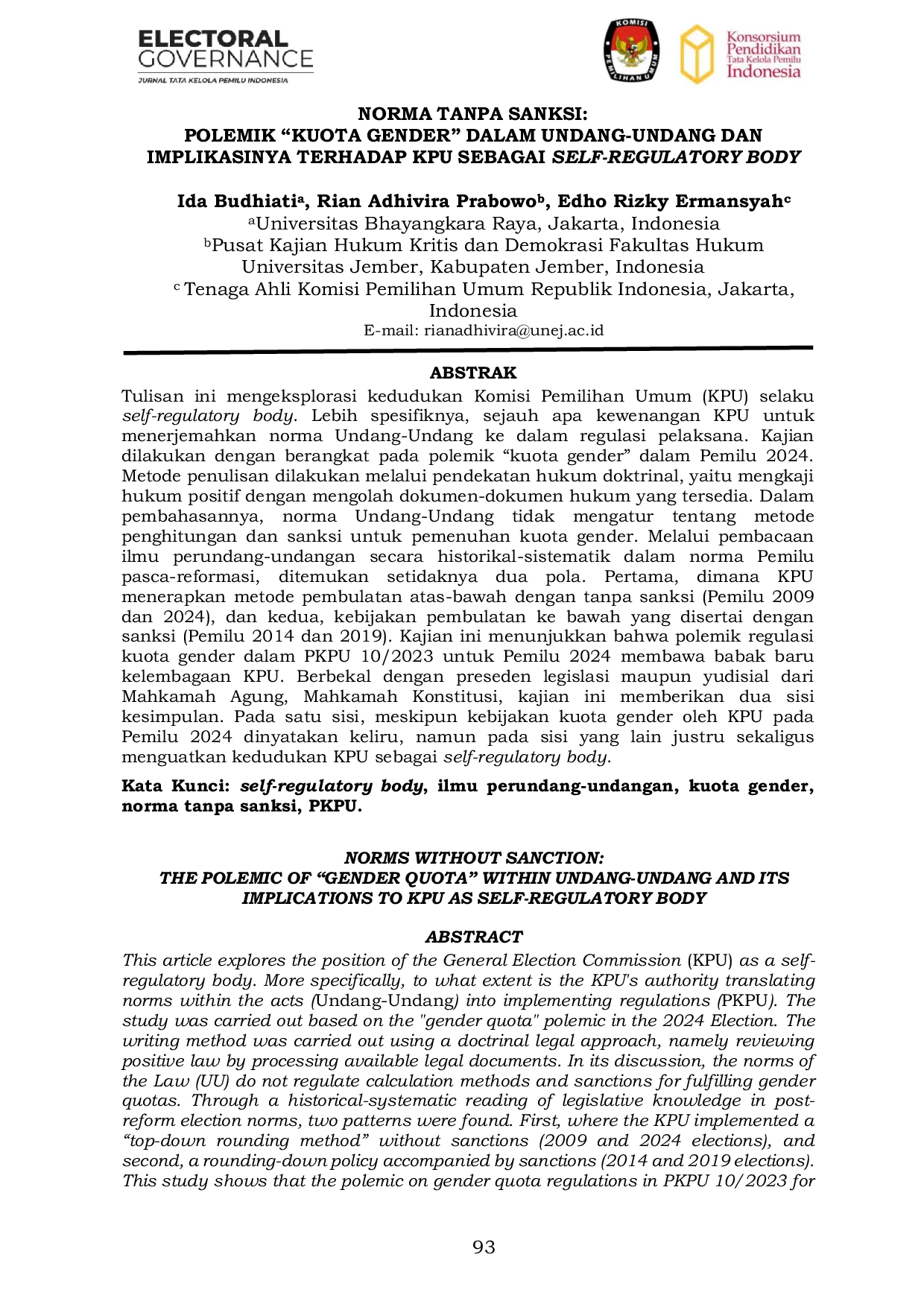 JURIS Norma Tanpa Sanksi Polemik Kuota Gender Dalam Undang Undang Dan Implikasinya Terhadap KPU Sebagai Self Regulatory Body