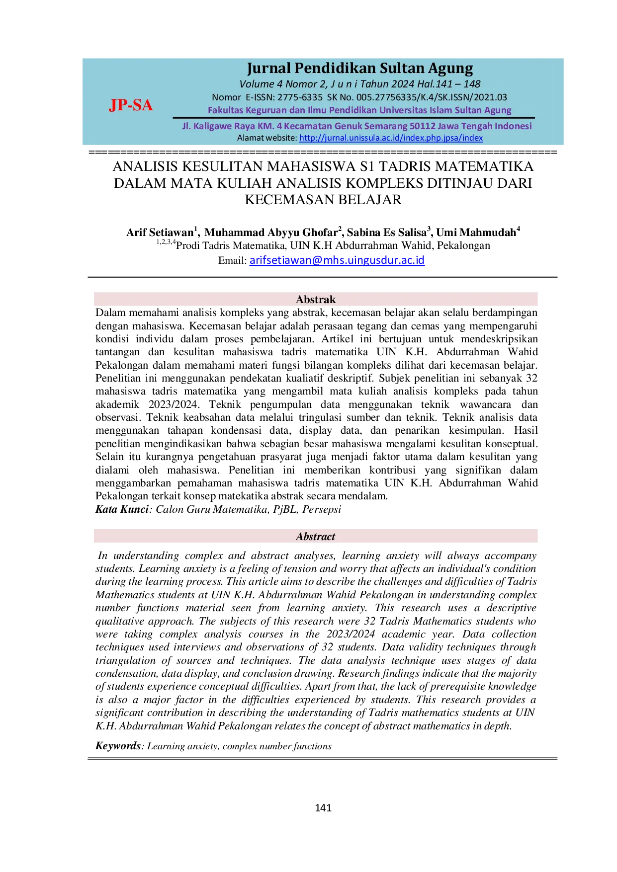 JURIS Analysis of Challenges and Difficulties of Undergraduate Students of Tadris Mathematics Uin K H Abdurrahman Wahid Pekalongan in A Complex Analysis Course Reviewed from Learning Anxiety