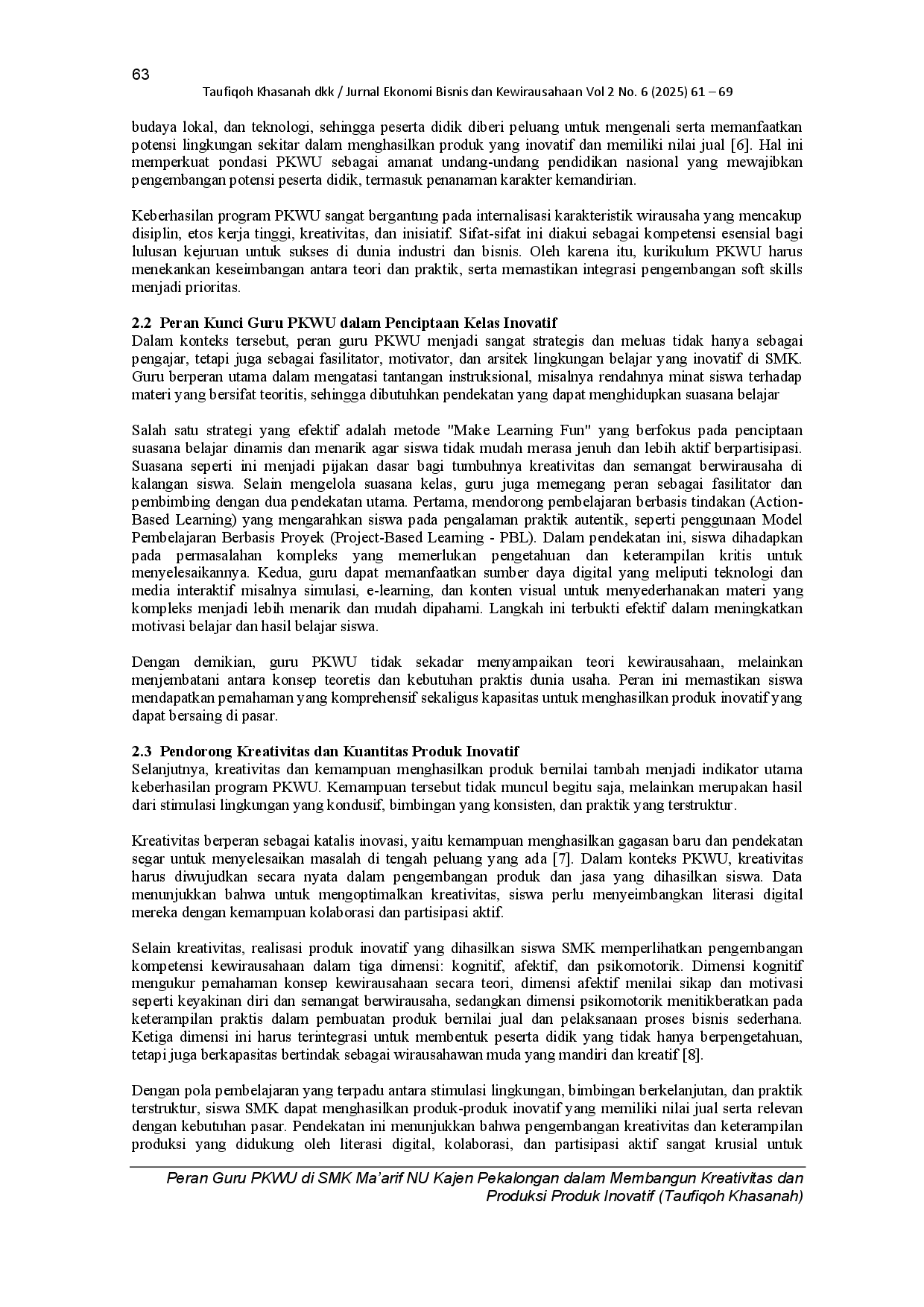 juris Peran Guru PKWU di SMK Ma arif NU Kajen Pekalongan dalam Membangun Kreativitas dan Produksi Produk Inovatif