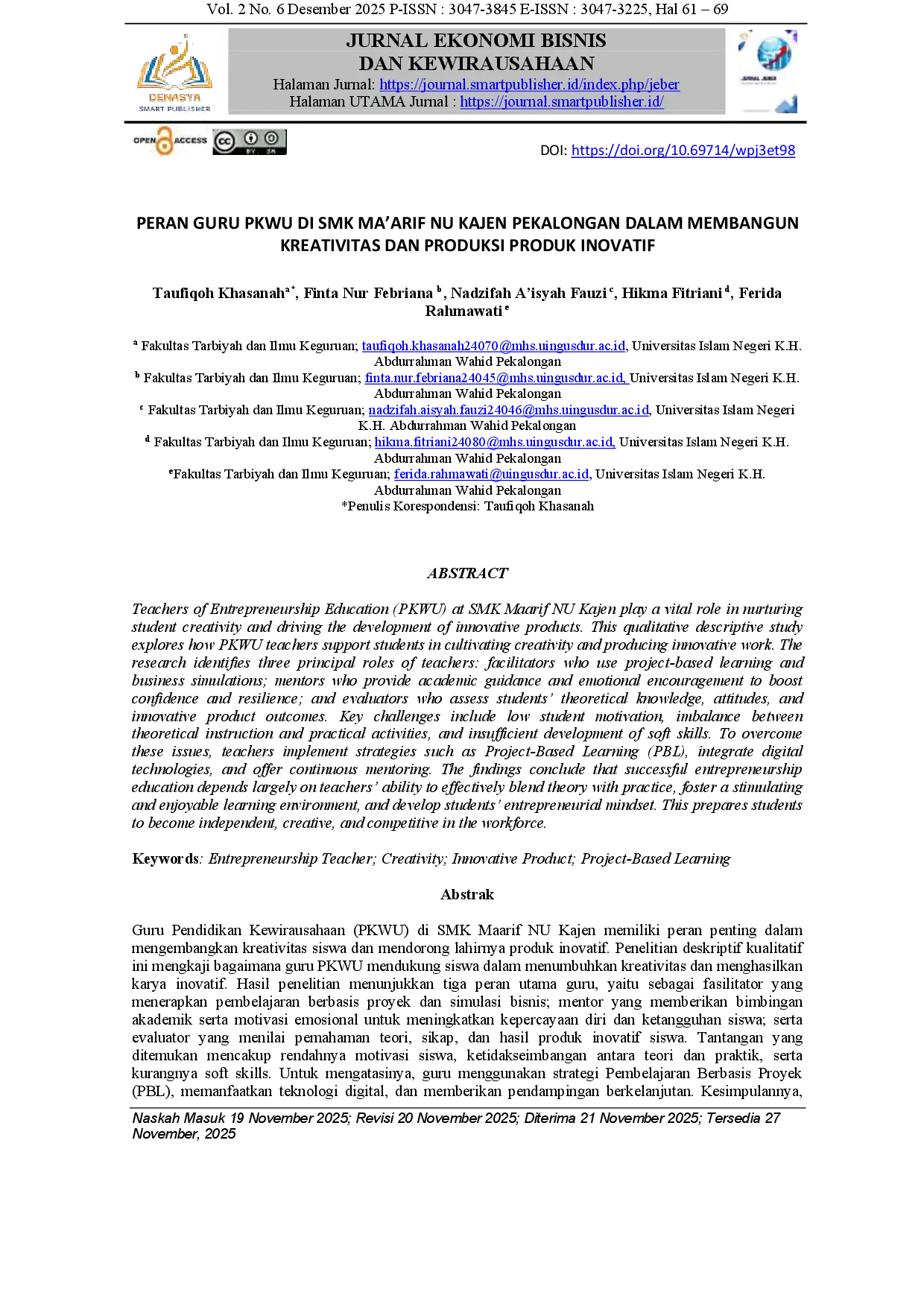 juris Peran Guru PKWU di SMK Ma arif NU Kajen Pekalongan dalam Membangun Kreativitas dan Produksi Produk Inovatif
