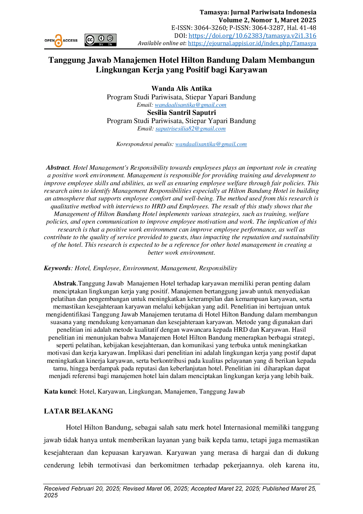 JURIS Tanggung Jawab Manajemen Hotel Hilton Bandung Dalam Membangun Lingkungan Kerja yang Positif bagi Karyawan