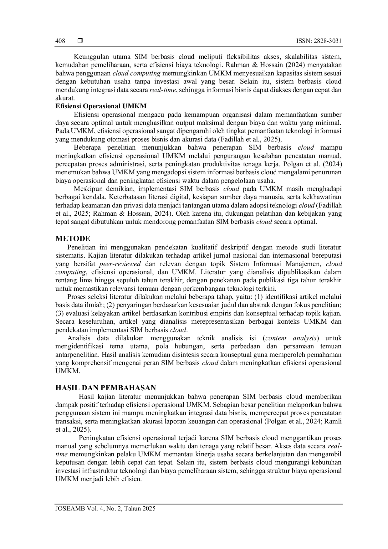 JURIS Evaluasi Penerapan Sistem Informasi Manajemen Berbasis Cloud Dalam Meningkatkan Efisiensi Operasional UMKM