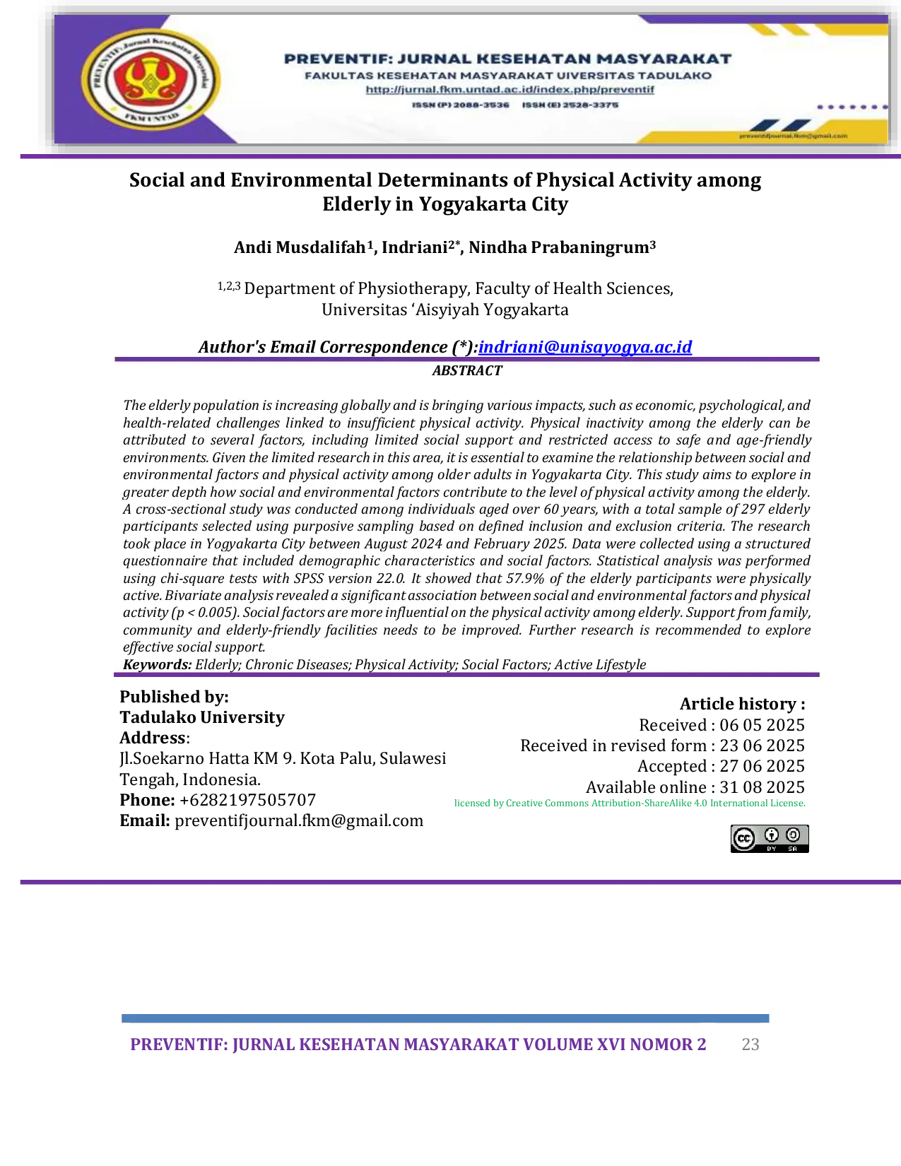 JURIS Social and Environmental Factors Associated with Physical Activity among Elderly in Yogyakarta City