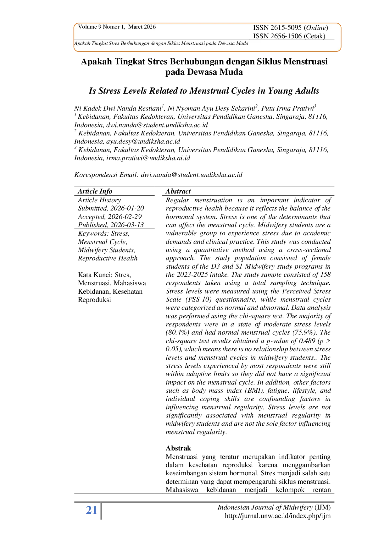 JURIS Apakah Tingkat Stres Berhubungan dengan Siklus Menstruasi pada Dewasa Muda Is Stress Levels Related to Menstrual Cycles in Young Adults