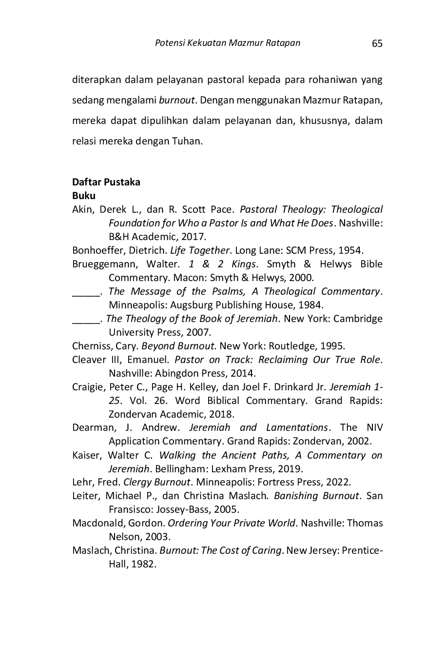 JURIS Potensi Kekuatan Mazmur Ratapan Menurut Pandangan Walter Brueggemann dalam Menolong Rohaniwan Menghadapi Burnout