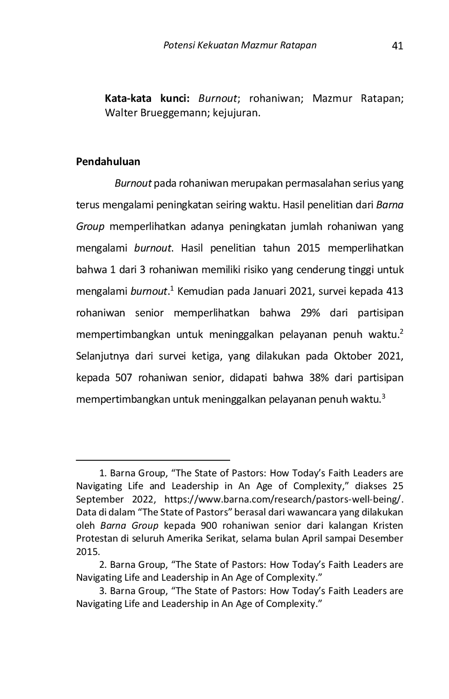 JURIS Potensi Kekuatan Mazmur Ratapan Menurut Pandangan Walter Brueggemann dalam Menolong Rohaniwan Menghadapi Burnout