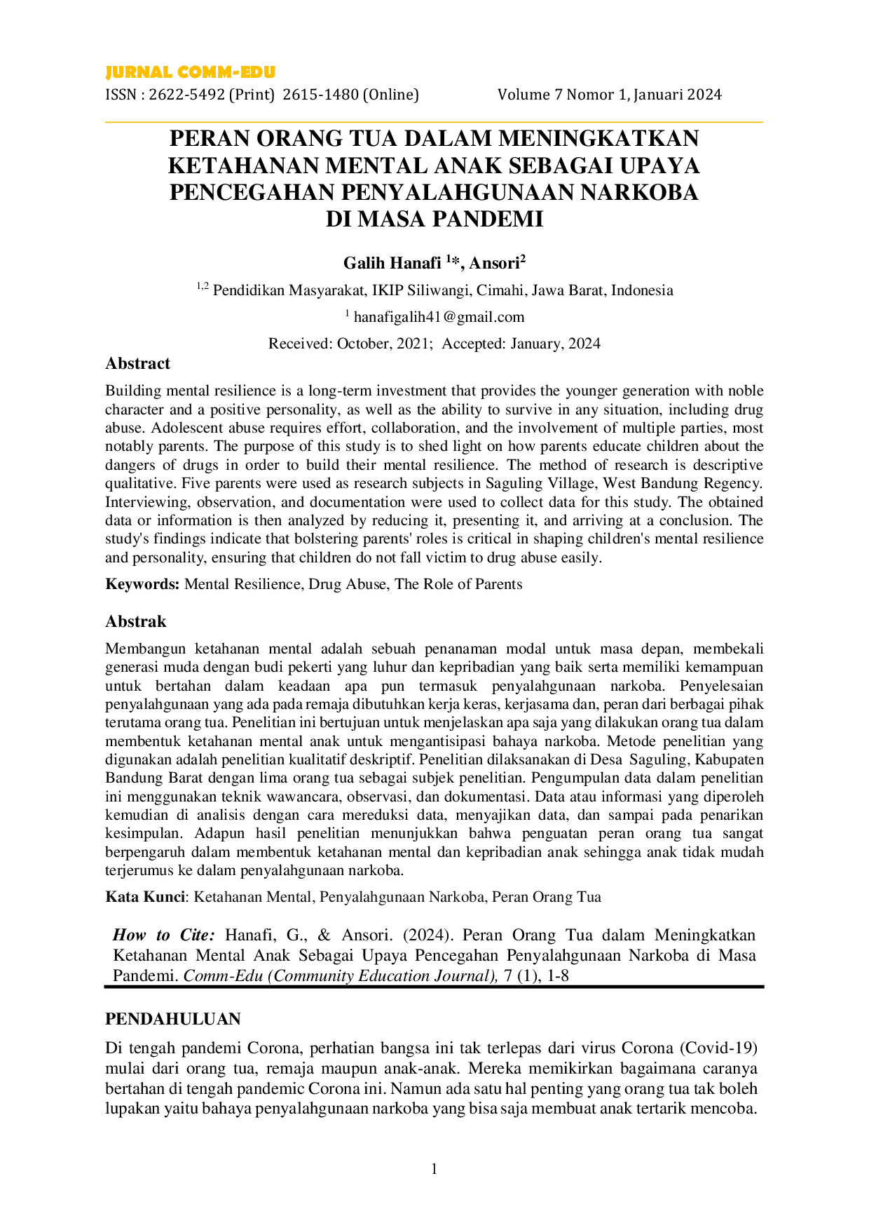 JURIS Peran Orang Tua dalam Meningkatkan Ketahanan Mental Anak Sebagai Upaya Pencegahan Penyalahgunaan Narkoba di Masa Pandemi