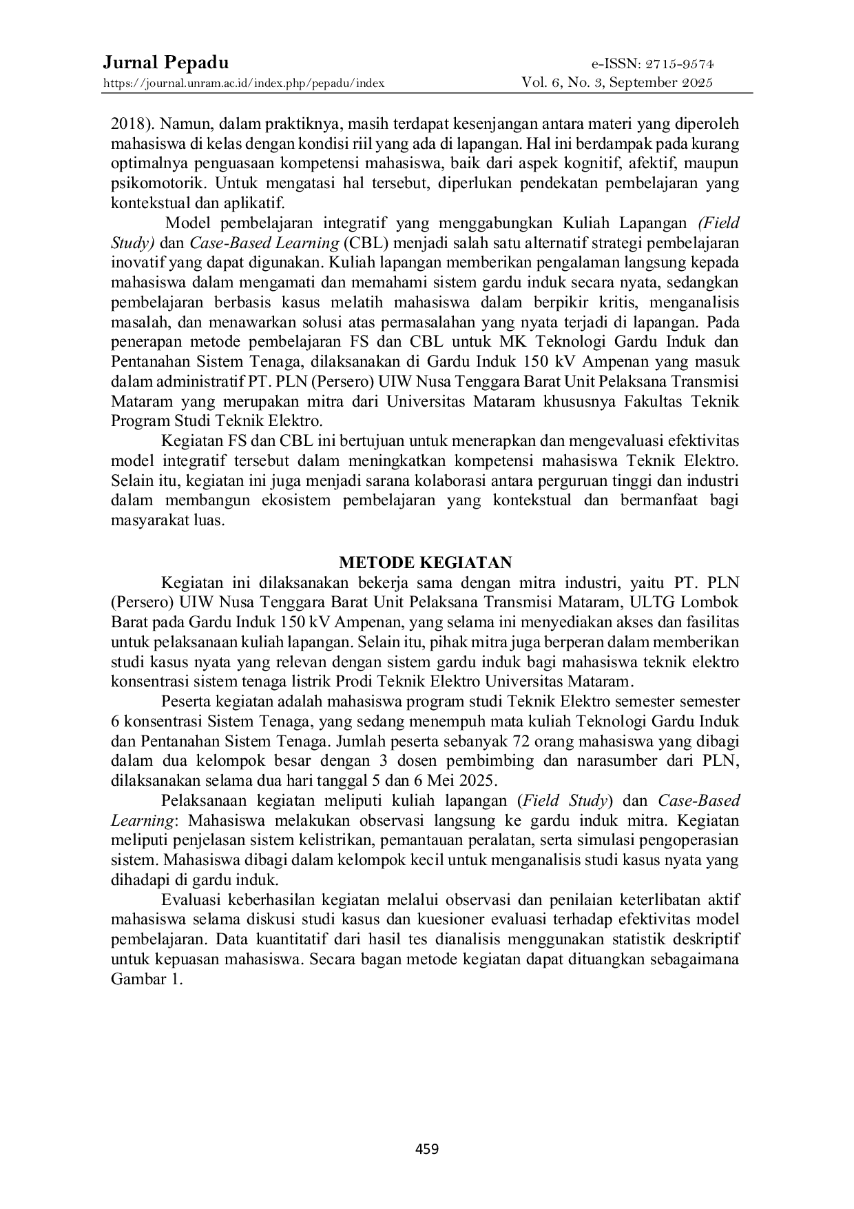 JURIS Model Integratif Kuliah Lapangan Dan Case Based Learning Dalam Pengembangan Kompetensi Mahasiswa Teknik Elektro