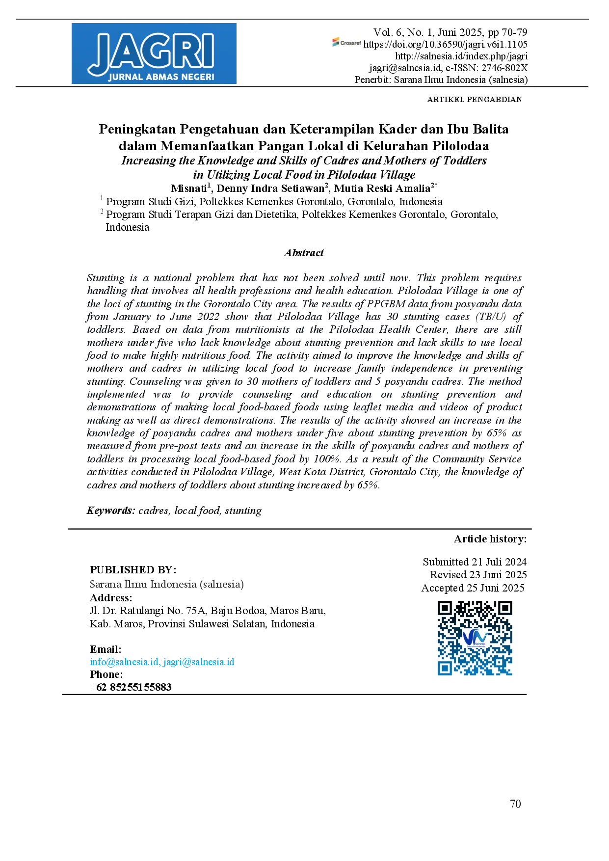 juris Increasing the Knowledge and Skills of Cadres and Mothers of Toddlers in Utilizing Local Food in Pilolodaa Village