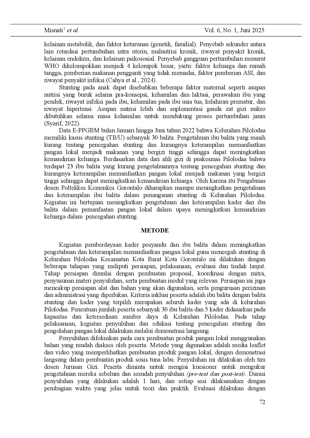 juris Increasing the Knowledge and Skills of Cadres and Mothers of Toddlers in Utilizing Local Food in Pilolodaa Village