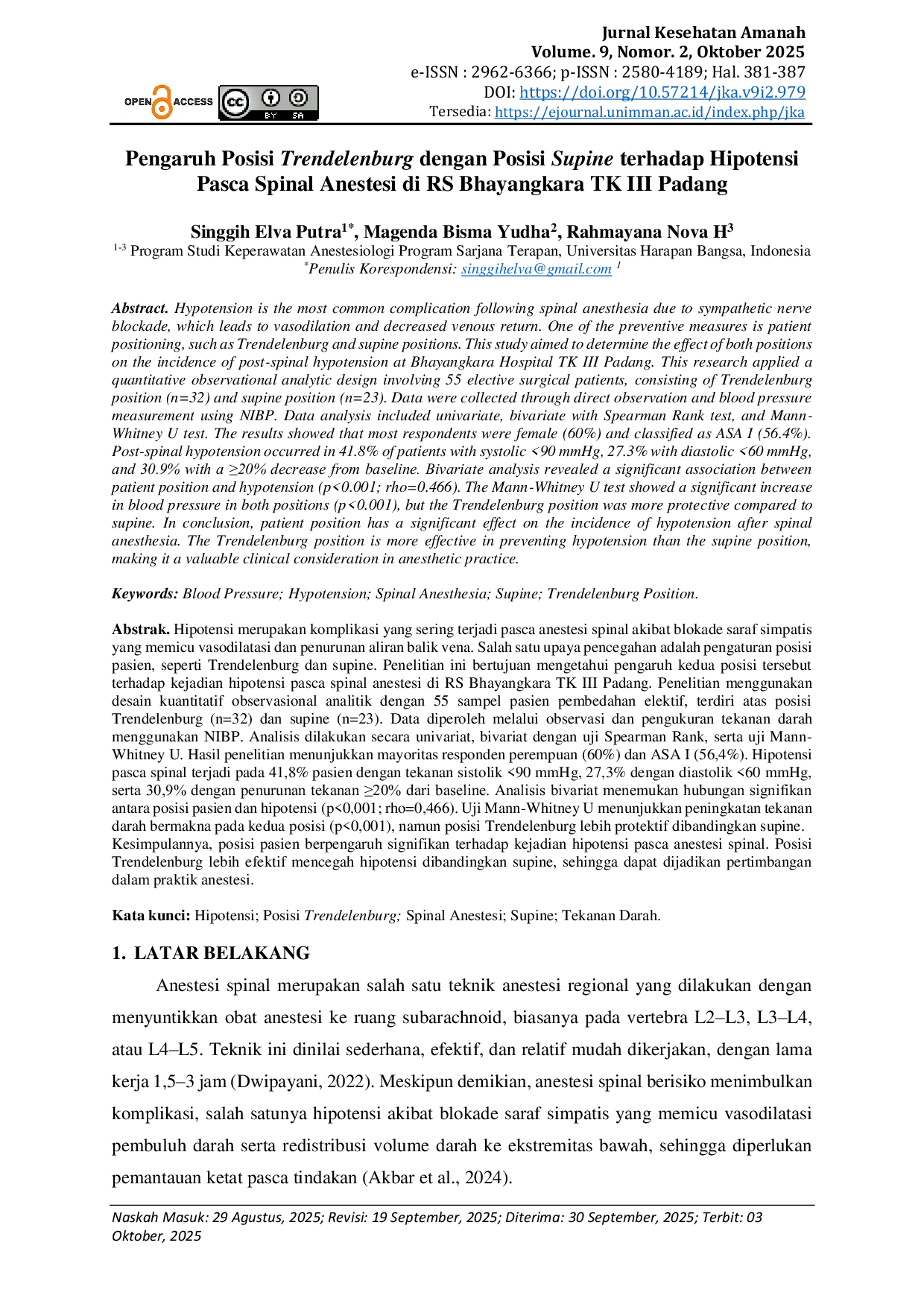 JURIS Pengaruh Posisi Trendelenburg dengan Posisi Supine terhadap Hipotensi Pasca Spinal Anestesi di RS Bhayangkara TK III Padang