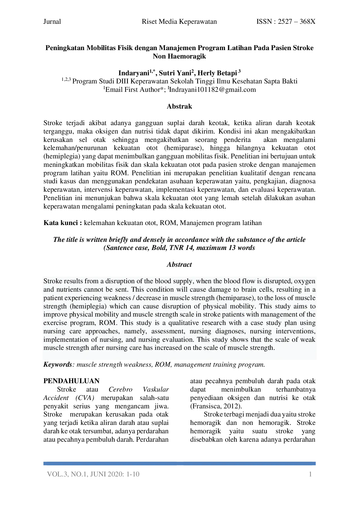 JURIS Peningkatan Mobilitas Fisik dengan Manajemen Program Latihan Pada Pasien Stroke Non Haemoragik