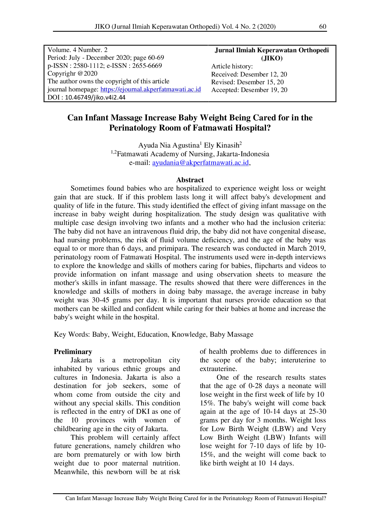 JURIS Can Infant Massage Increase Baby Weight Being Cared for in the Perinatology Room of Fatmawati Hospital