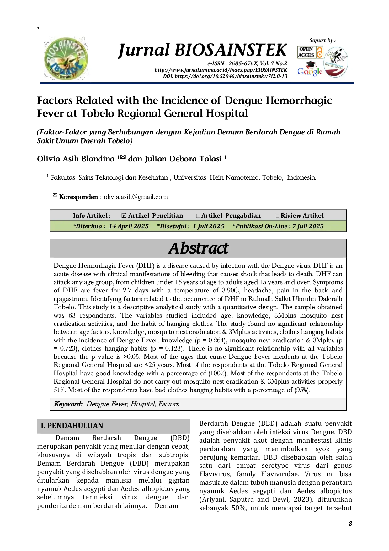 JURIS Factors Related with the Incidence of Dengue Hemorrhagic Fever at Tobelo Regional General Hospital