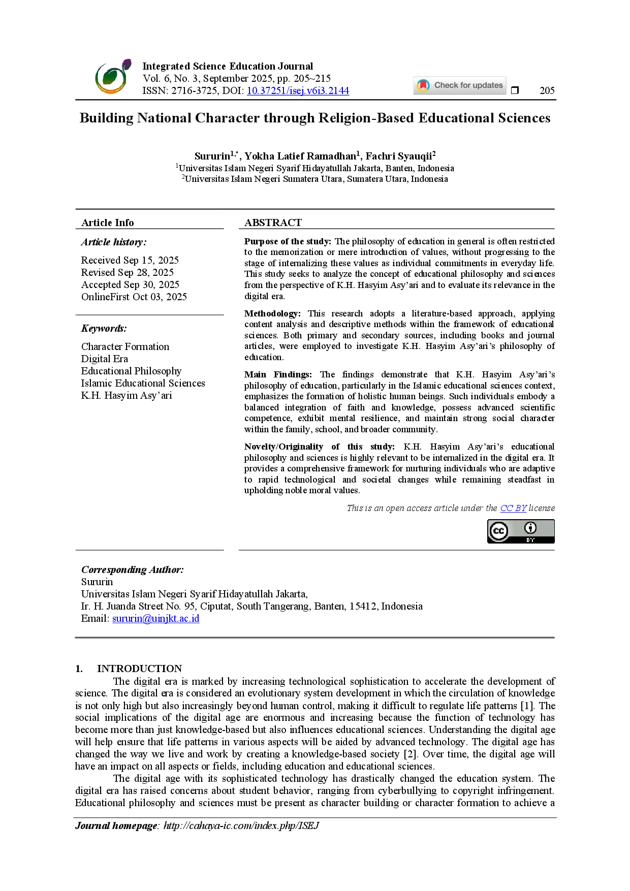 juris Building National Character through Religion Based Educational Sciences