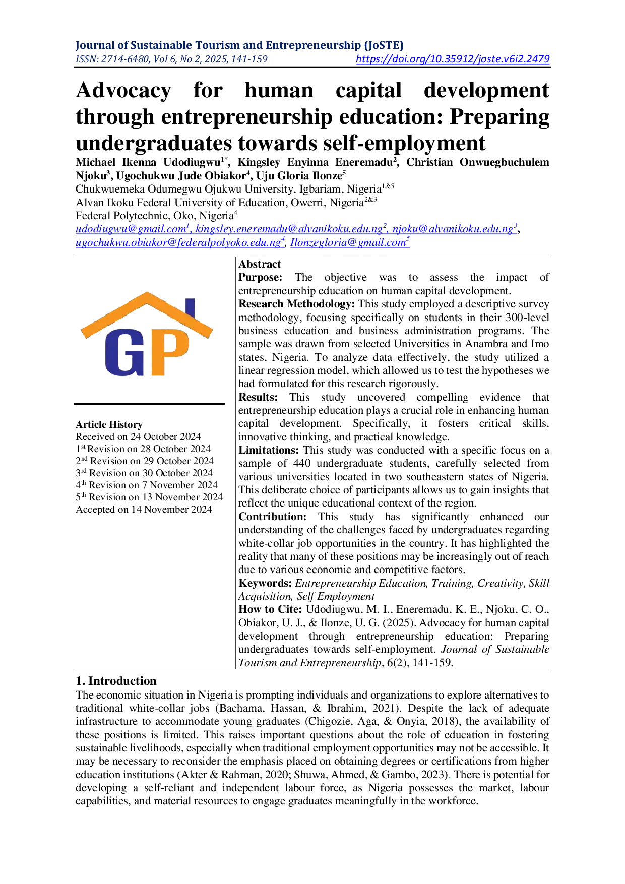 JURIS Advocacy for human capital development through entrepreneurship education Preparing undergraduates towards self employment