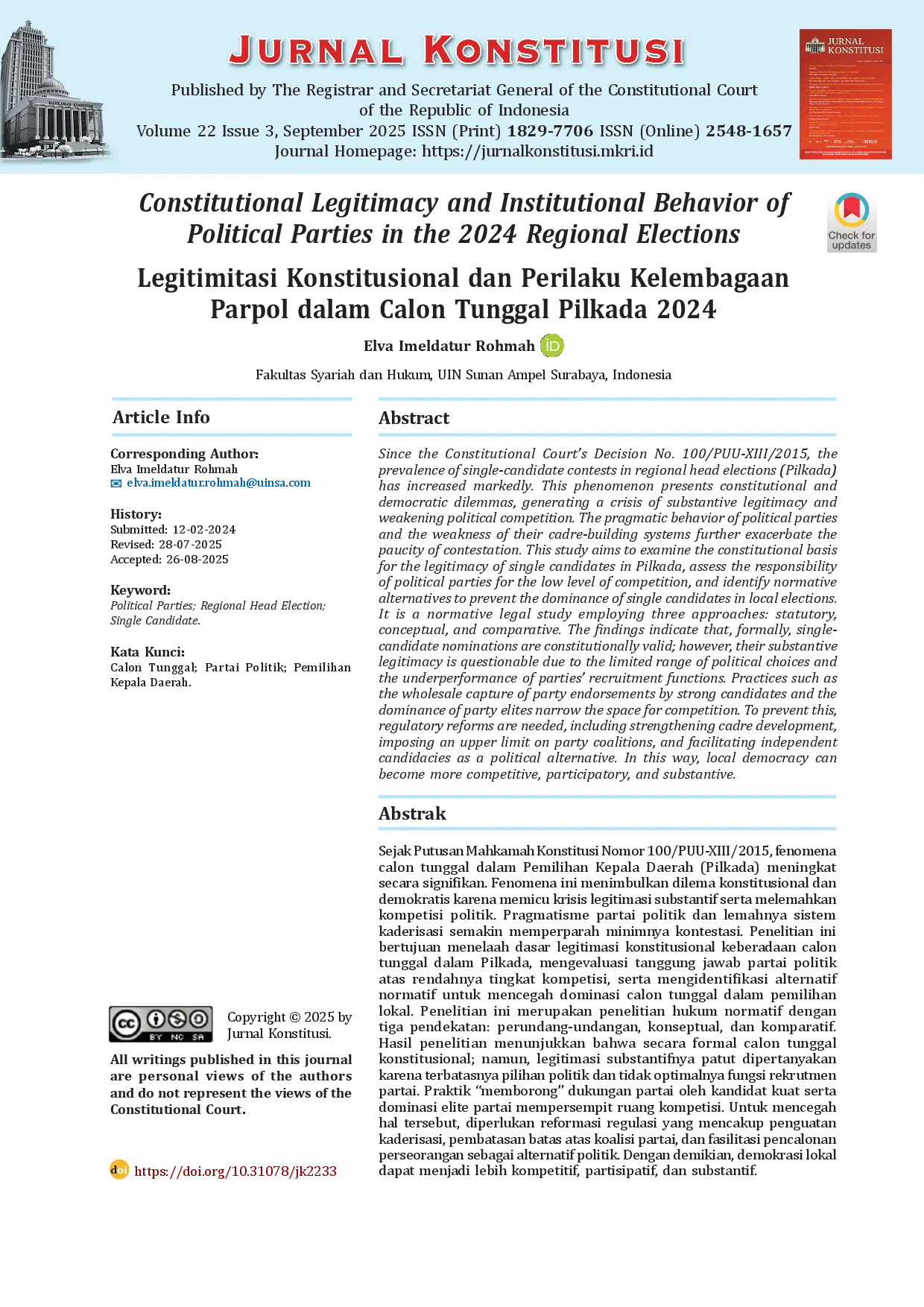 juris Constitutional Legitimacy and Institutional Behavior of Political Parties in the 2024 Regional Elections Legitimitasi Konstitusional dan Perilaku Kelembagaan Parpol dalam Calon Tunggal Pilkada 2024