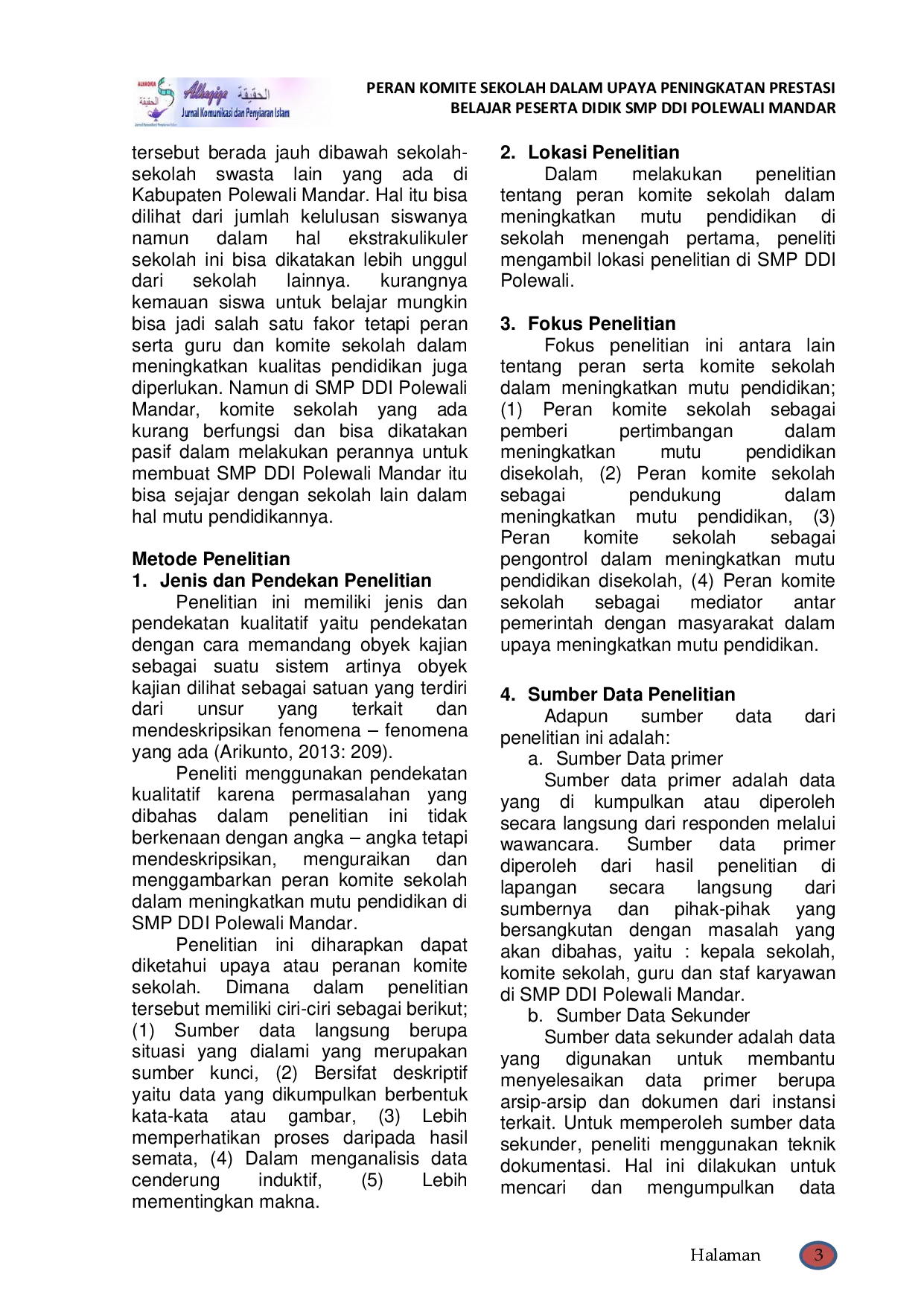 juris Peran Komite Sekolah Dalam Upaya Peningkatan Prestasi Belajar Peserta didik SMP DDI Polewali Mandar