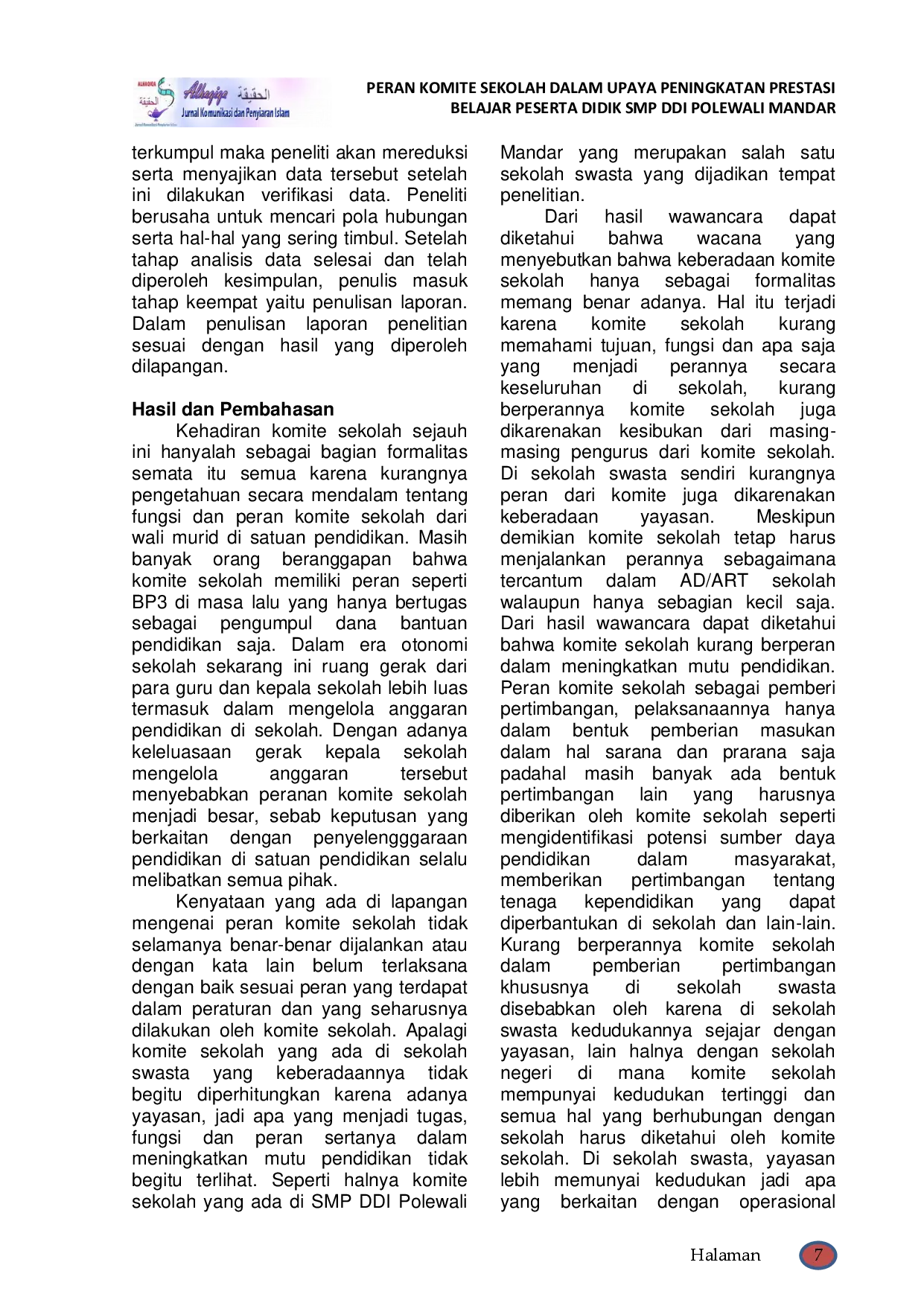 juris Peran Komite Sekolah Dalam Upaya Peningkatan Prestasi Belajar Peserta didik SMP DDI Polewali Mandar