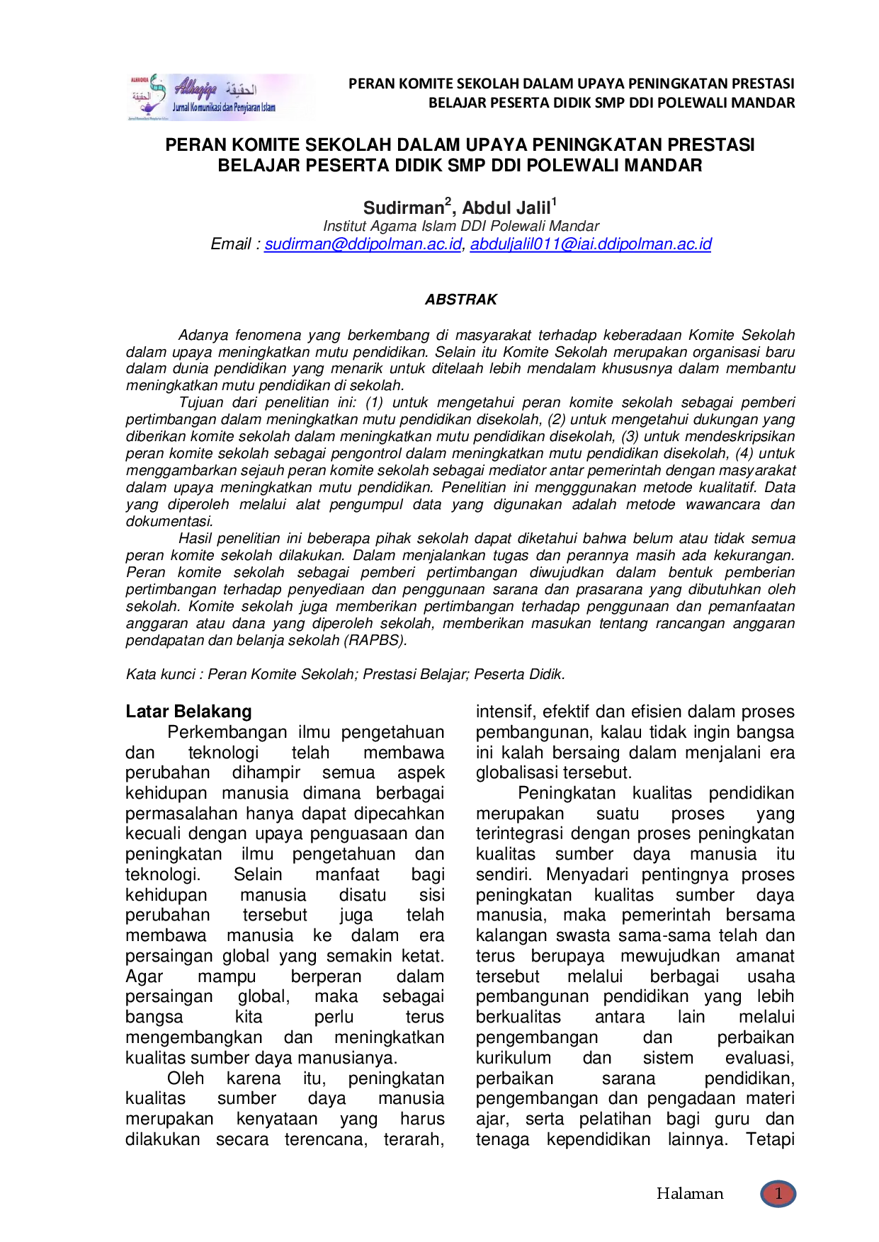 juris Peran Komite Sekolah Dalam Upaya Peningkatan Prestasi Belajar Peserta didik SMP DDI Polewali Mandar