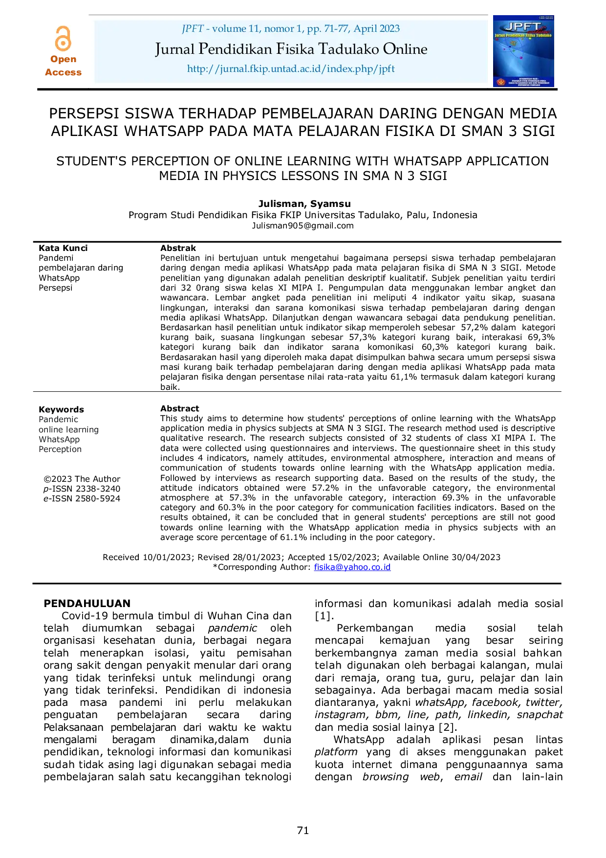 JURIS Persepsi Siswa Terhadap Pembelajaran Daring dengan Media Aplikasi WhatsApp pada Mata Pelajaran Fisika di SMAN 3 Sigi