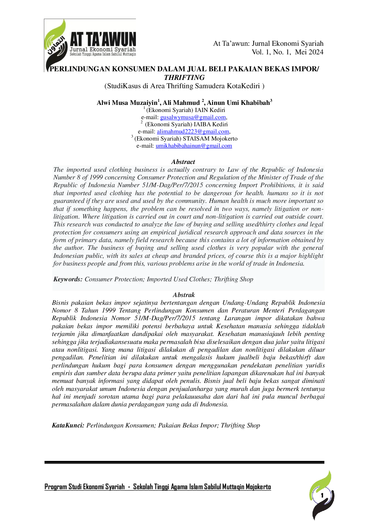 JURIS PERLINDUNGAN KONSUMEN DALAM JUAL BELI PAKAIAN BEKAS IMPOR THRIFTING Studi Kasus di Area Thrifting Samudera Kota Kediri