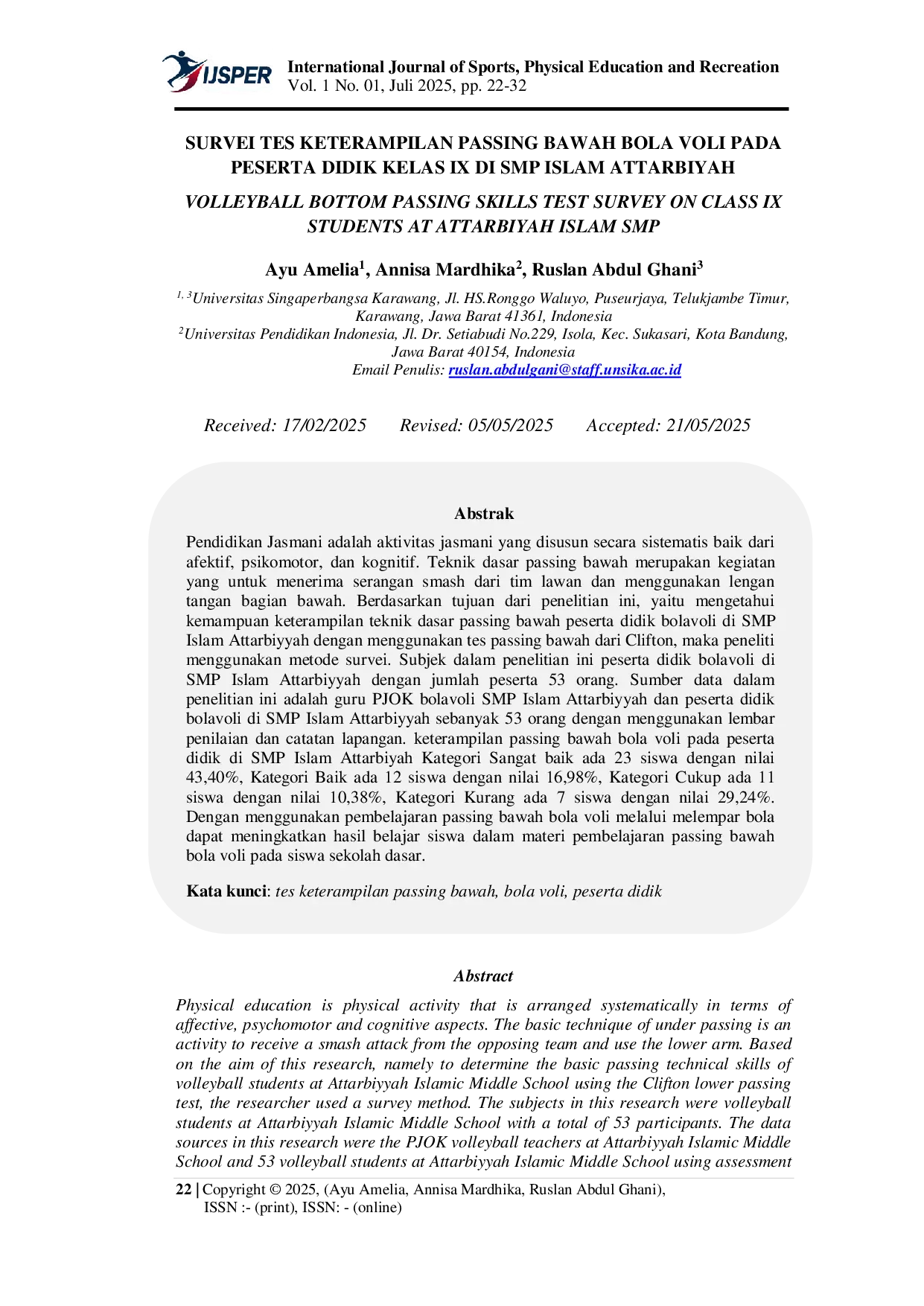 JURIS Survei Tes Keterampilan Passing Bawah Bola Voli Pada Peserta Didik Kelas IX Di SMP Islam Attarbiyah