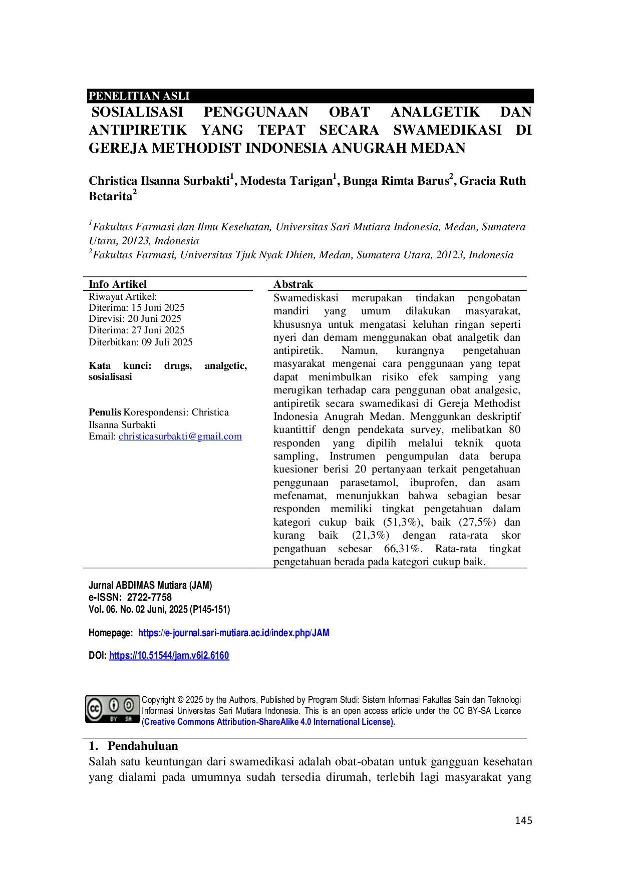 JURIS Sosialisasi Penggunaan Obat Analgetik dan Antipiretik yang Tepat Secara Swamedikasi di Gereja Methodist Indonesia Anugrah Medan