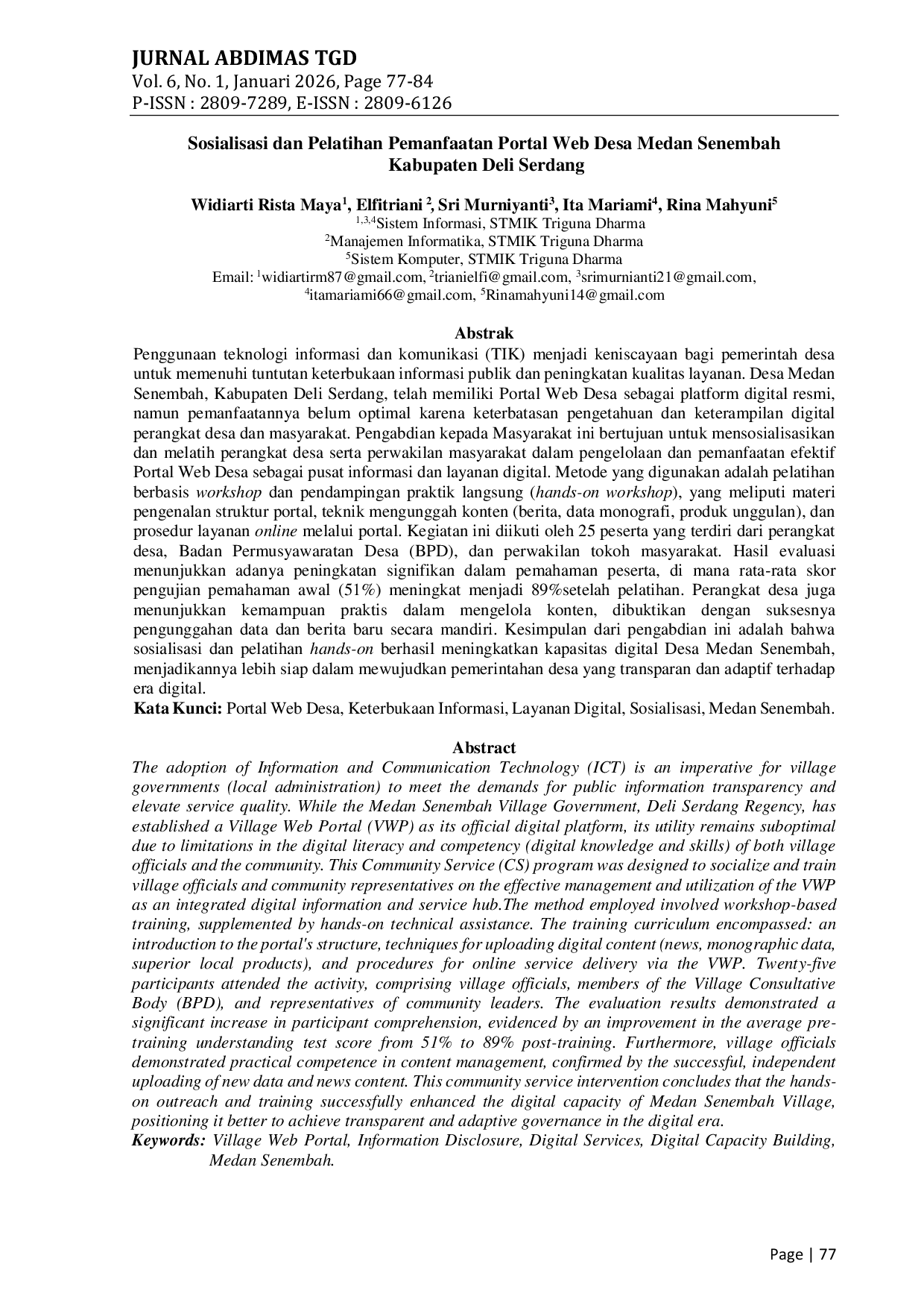 JURIS Sosialisasi Dan Pelatihan Pemanfaatan Portal Web Desa Medan Senembah Kabupaten Deli Serdang