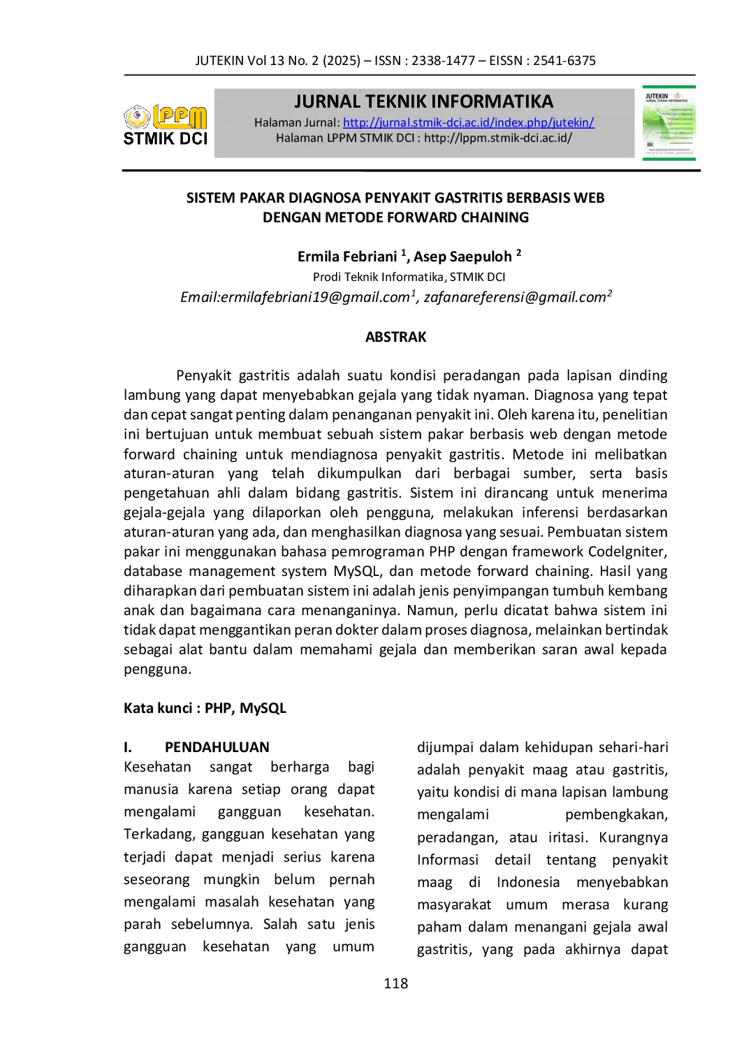 JURIS Sistem Pakar Diagnosa Penyakit Gastritis Berbasis Web Dengan Metode Forward Chaining
