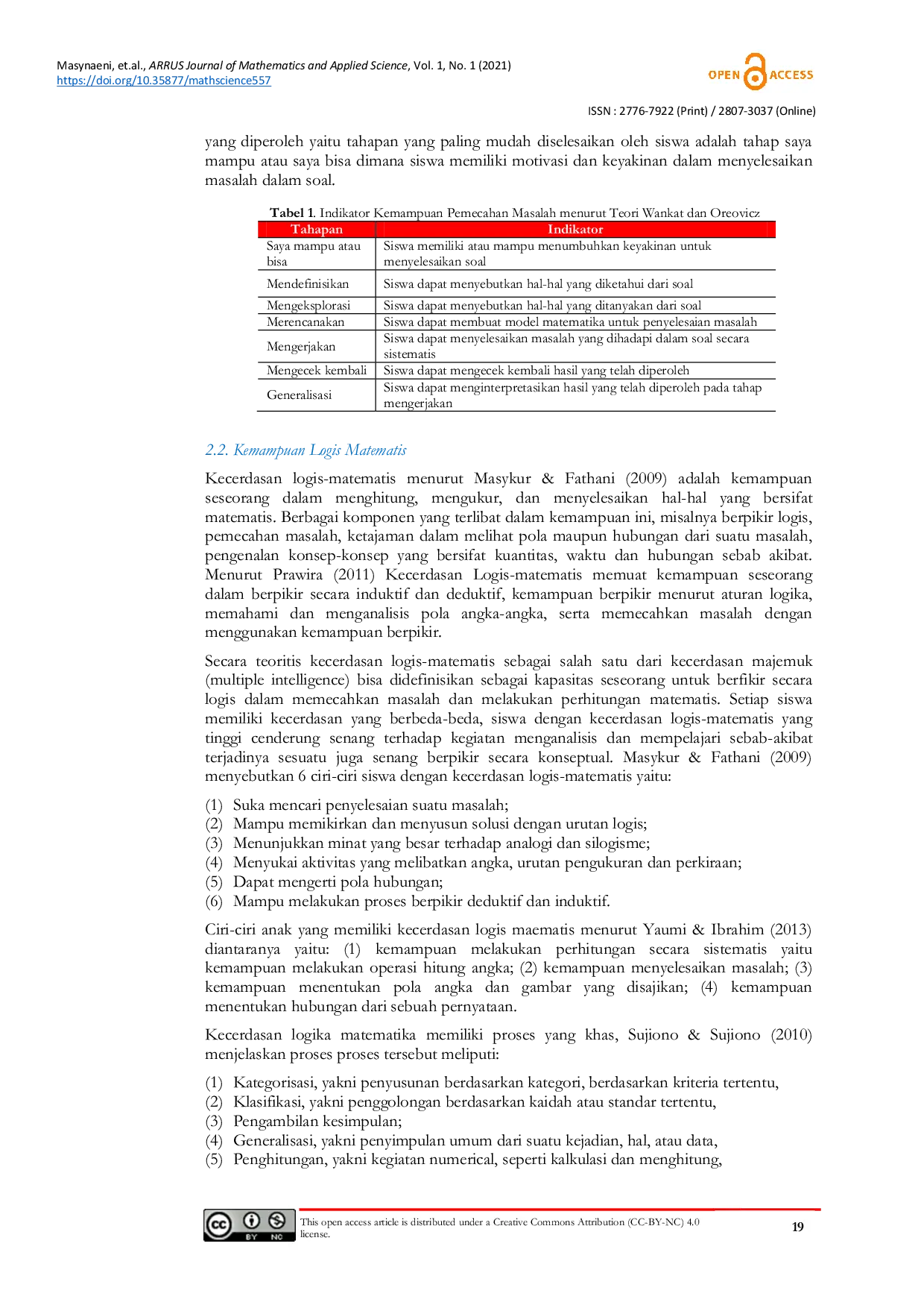 JURIS Description on 10th grade science Students Problem solving skill based on Wankat and Oreovics Theory viewed from Mathematical logical intelligence