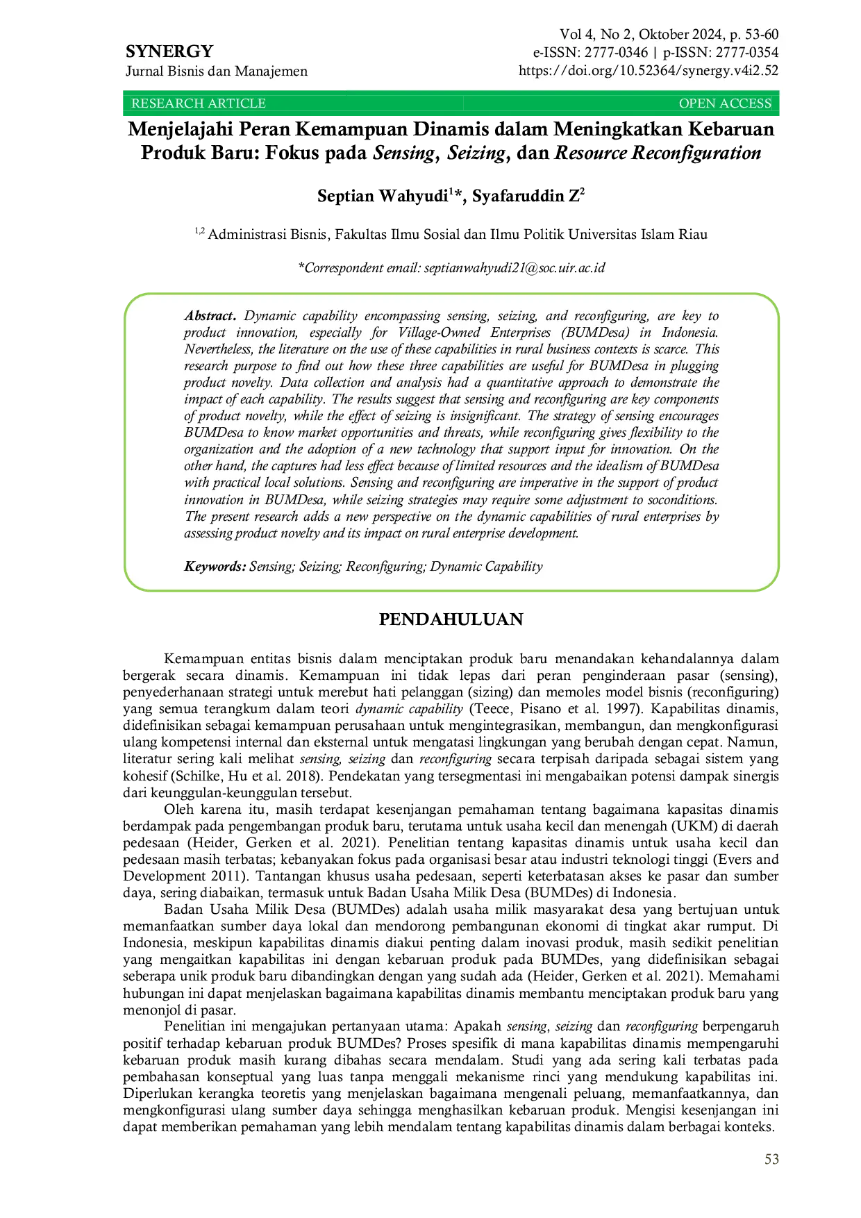 JURIS Menjelajahi Peran Kemampuan Dinamis dalam Meningkatkan Kebaruan Produk Baru Fokus pada Sensing Seizing dan Resource Reconfiguration