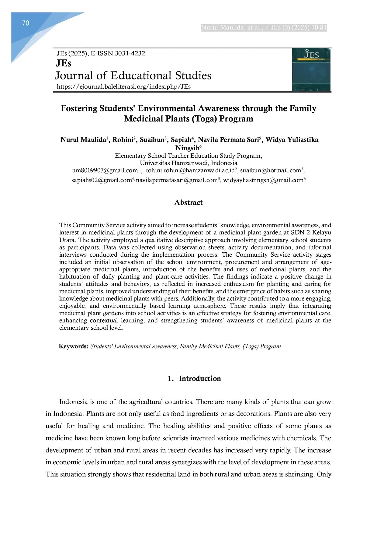 JURIS Fostering Students Environmental Awareness through the Family Medicinal Plants Toga Program