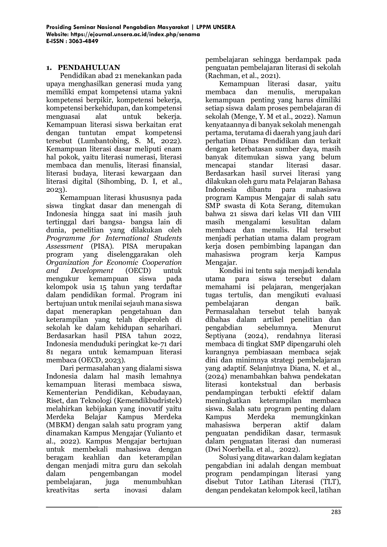 JURIS Pendampingan Literasi Siswa Sekolah Menengah Pertama Untuk Meningkatkan Kemampuan Baca Tulis