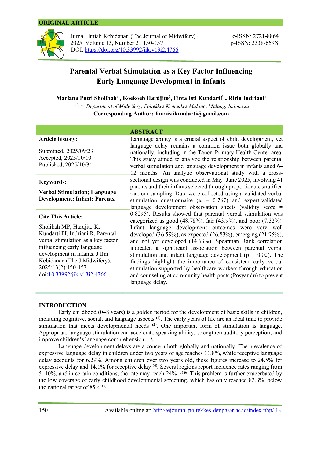 JURIS Parental Verbal Stimulation as a Key Factor Influencing Early Language Development in Infants