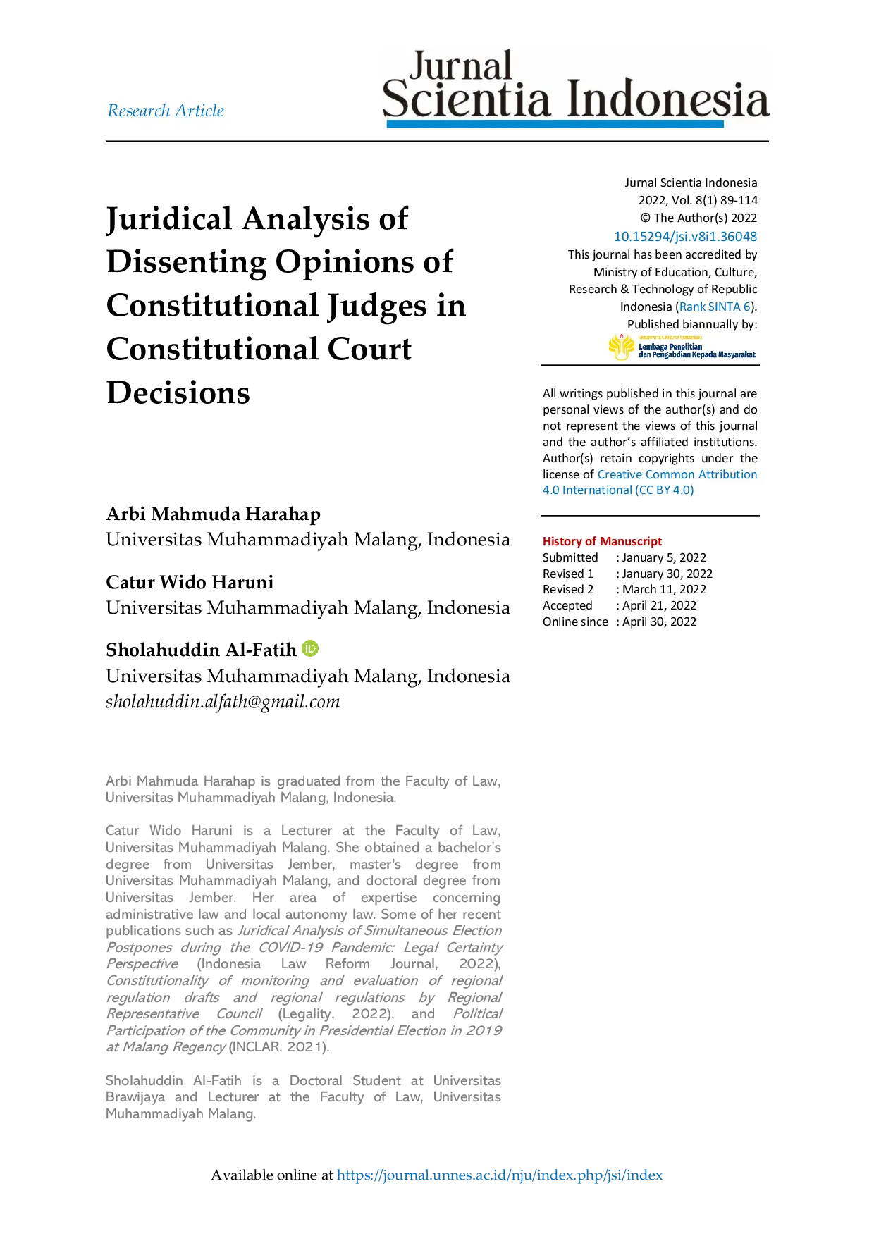 JURIS Juridical Analysis of Dissenting Opinions of Constitutional Judges in Constitutional Court Decisions