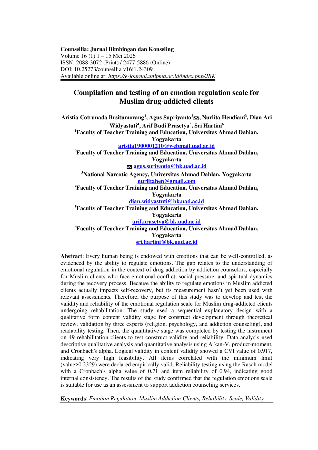 JURIS Compilation and testing of an emotion regulation scale for Muslim drug addicted clients