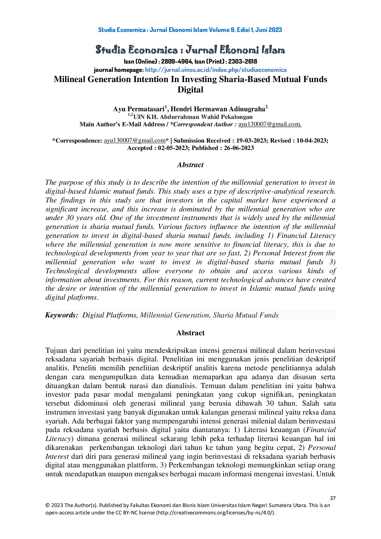 JURIS Generasi Milenial Intention In Investing Sharia Based Mutual Funds Digital