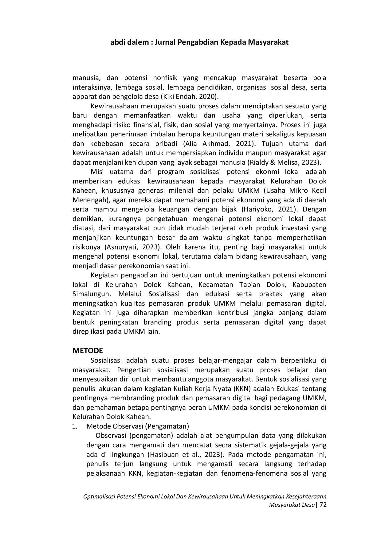 JURIS Optimalisasi Potensi Ekonomi Lokal Dan Kewirausahaan Untuk Meningkatkan Kesejahteraan Masyarakat Desa