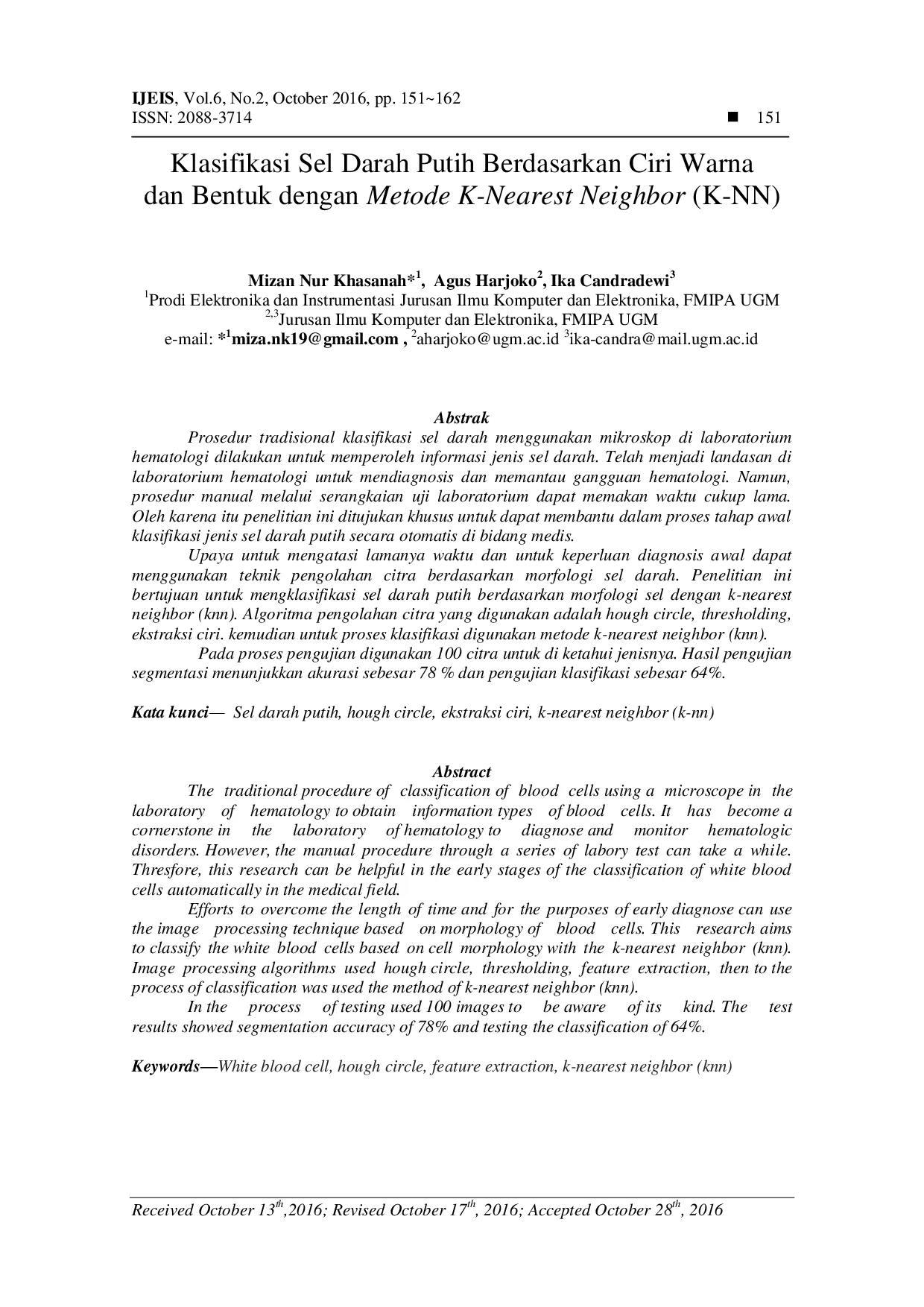 JURIS Klasifikasi Sel Darah Putih Berdasarkan Ciri Warna dan Bentuk dengan Metode K Nearest Neighbor K NN
