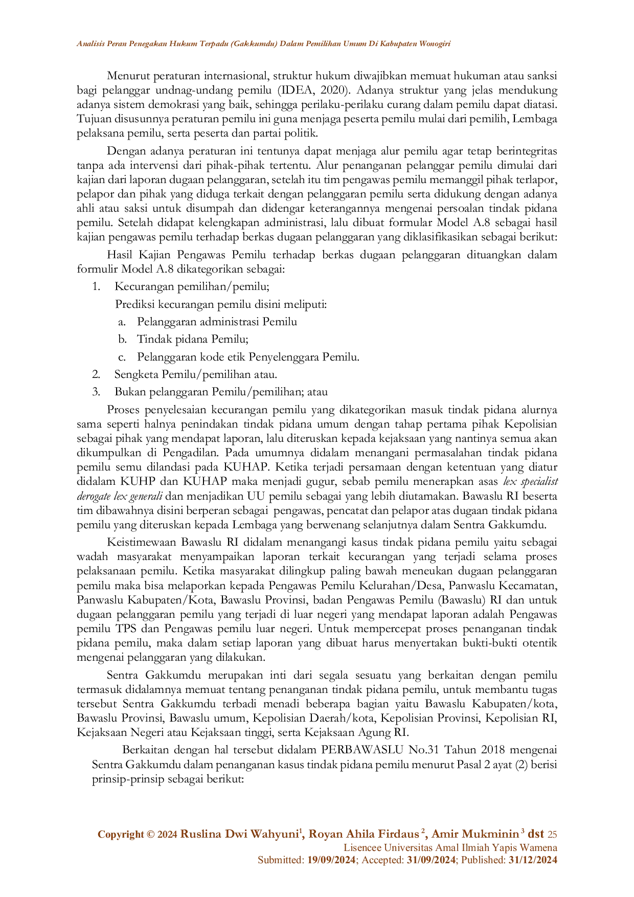 JURIS Analisis Peran Penegakan Hukum Terpadu Gakkumdu Dalam Pemilihan Umum Di Kabupaten Wonogiri