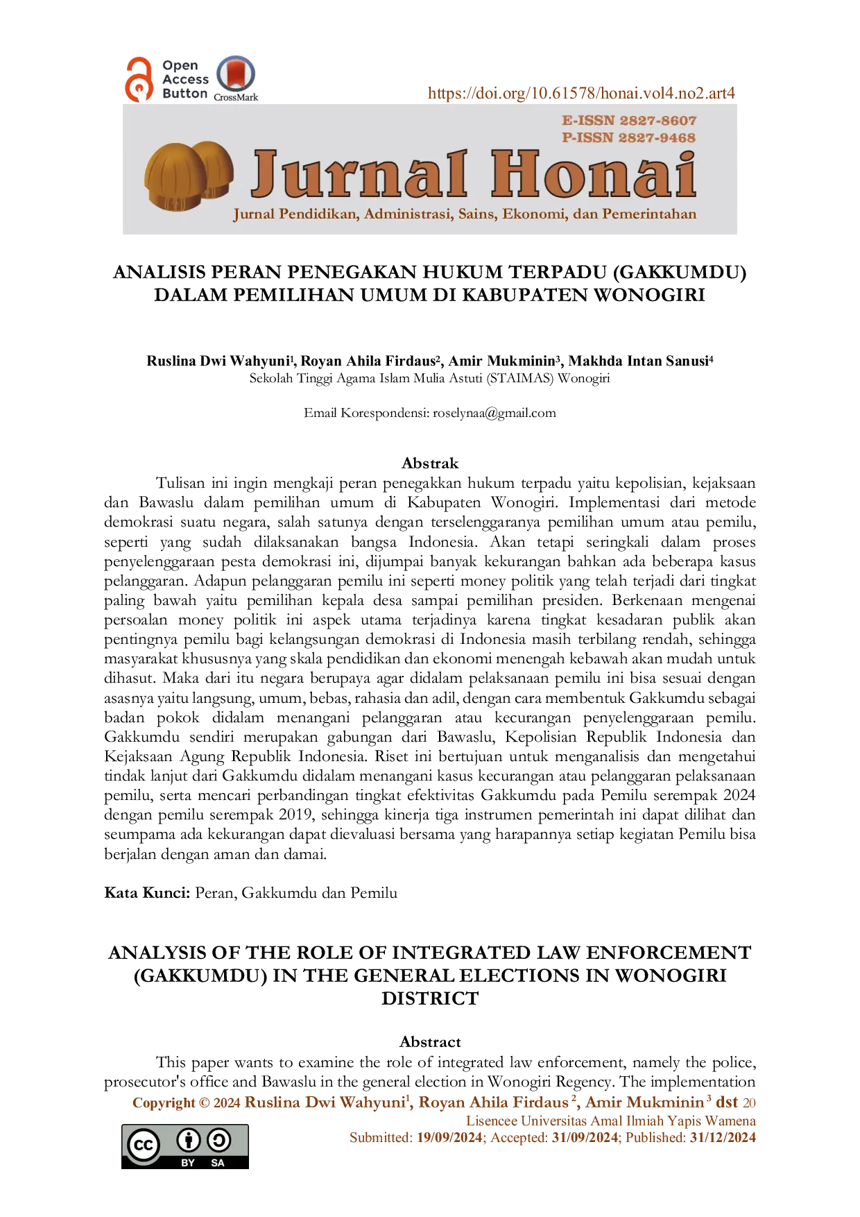 JURIS Analisis Peran Penegakan Hukum Terpadu Gakkumdu Dalam Pemilihan Umum Di Kabupaten Wonogiri