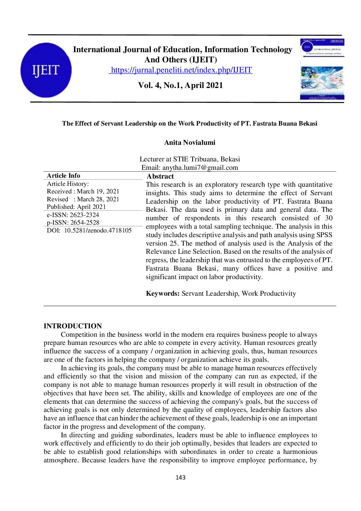 JURIS The Effect of Servant Leadership on the Work Productivity of PT Fastrata Buana Bekasi